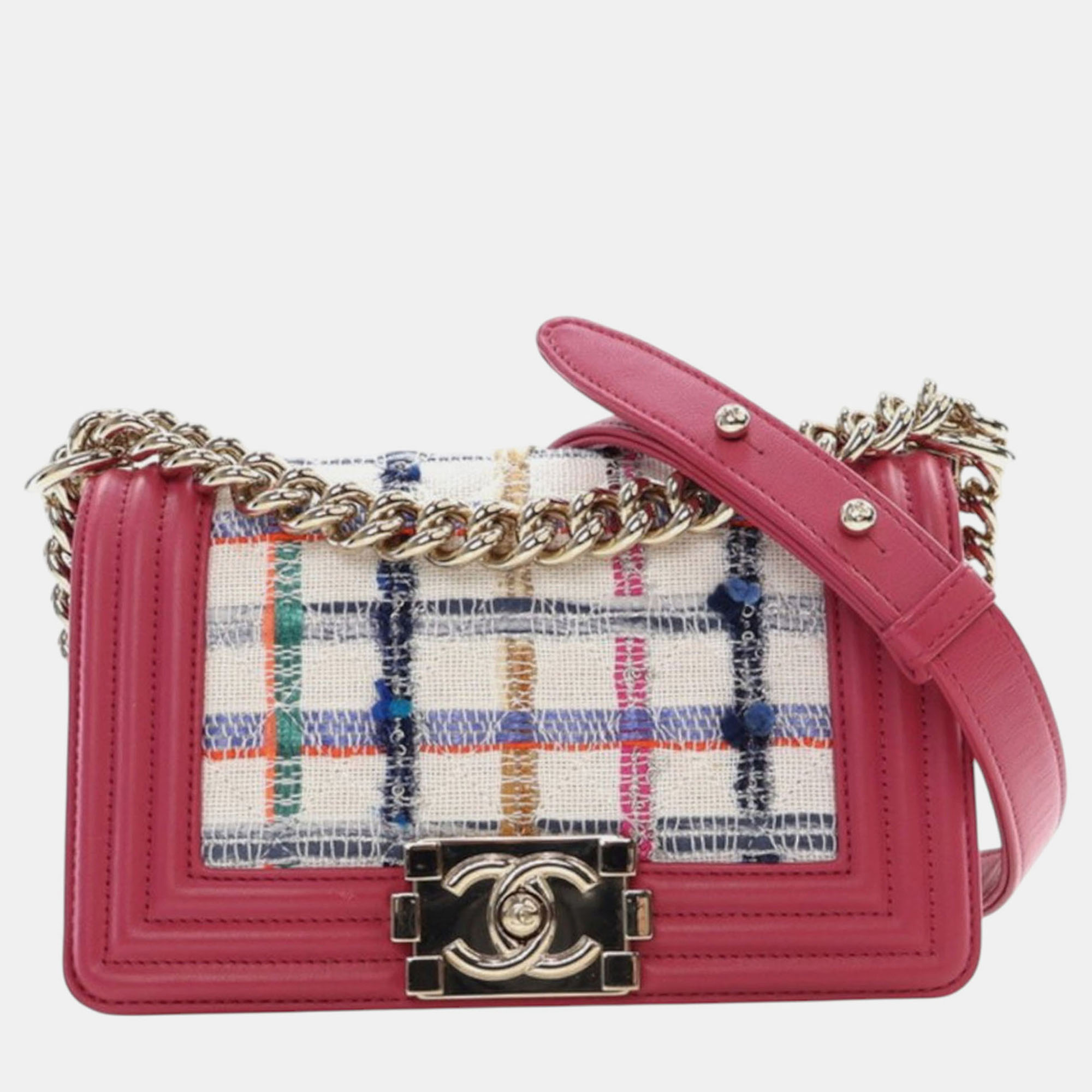 

Chanel Pink White Small Tweed and Lambskin Boy Flap