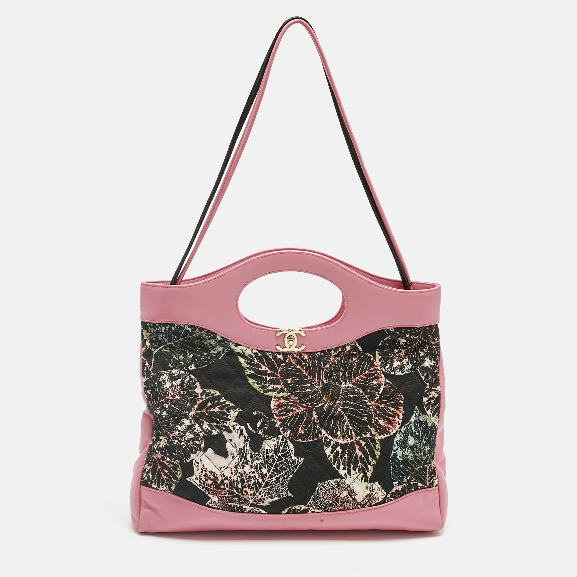 Pre-owned Chanel Pink/black Printed Quilted Canvas And Leather Medium 31 Shopper Tote