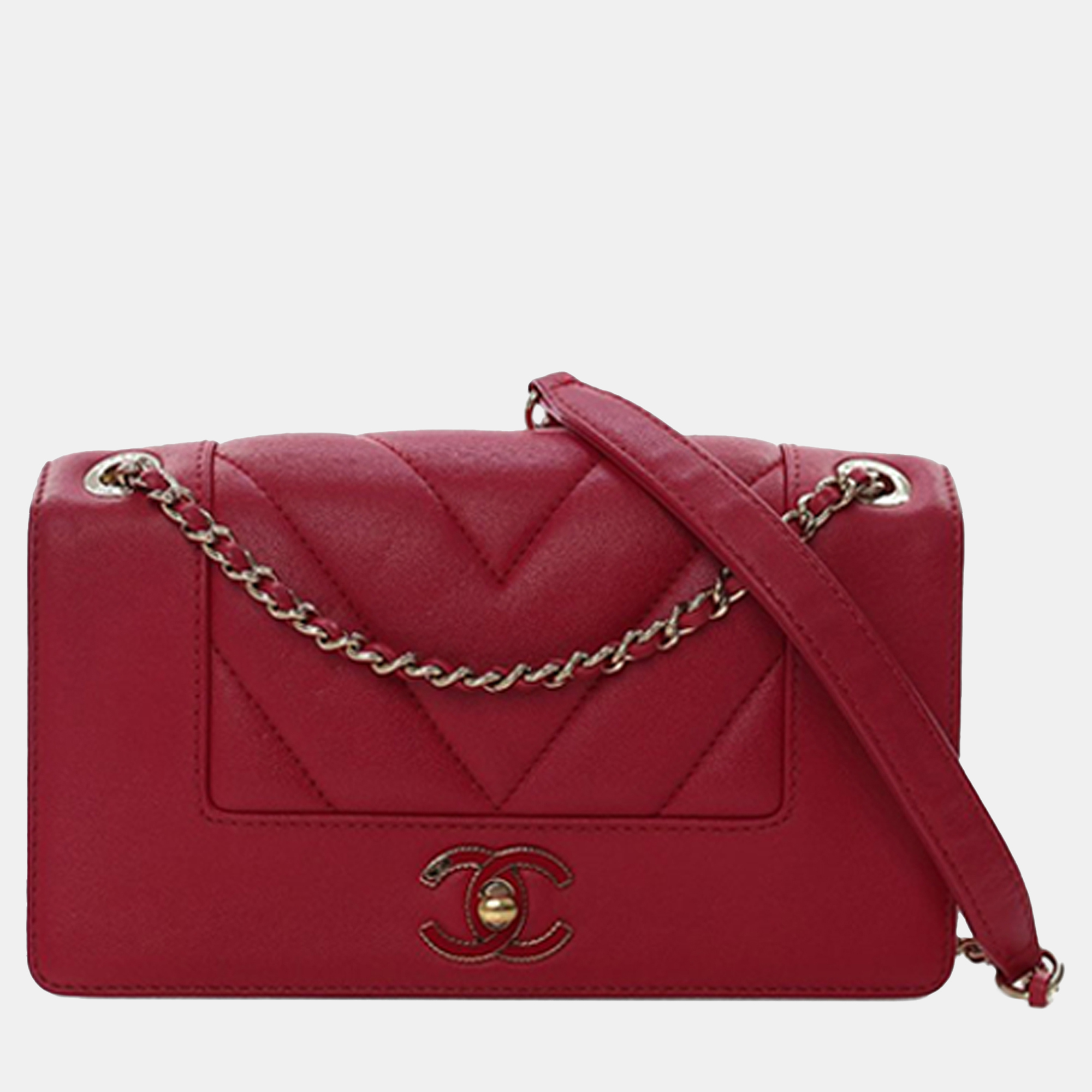 

Chanel Mademoiselle Vintage Quilted Chevron Flap Mini Lambskin Leather Shoulder Bag, Red