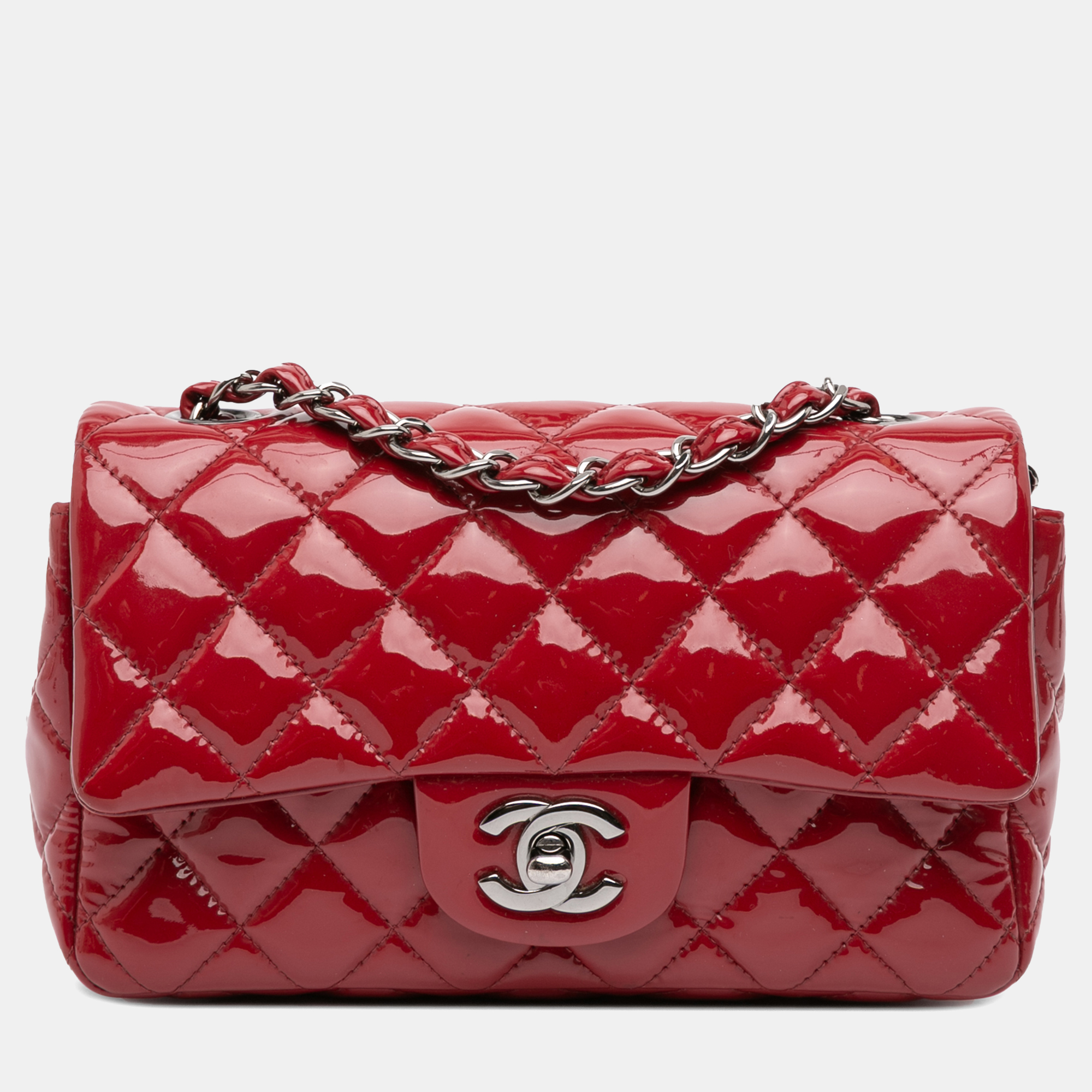 

Chanel Classic Single Flap Mini Rectangular Patent Leather Bag, Red