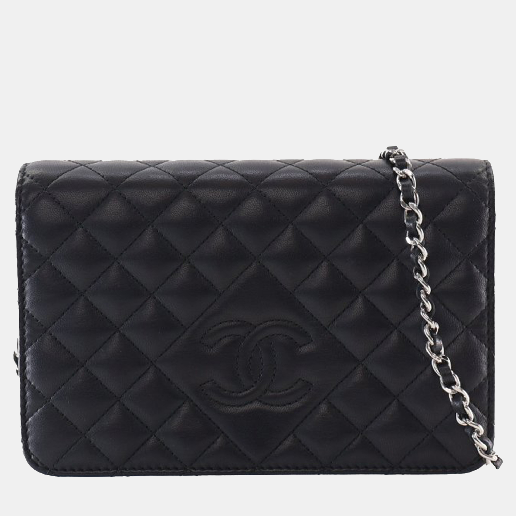 Pre-owned Chanel Black Cc Quilted Lambskin Diamond Wallet On Chain