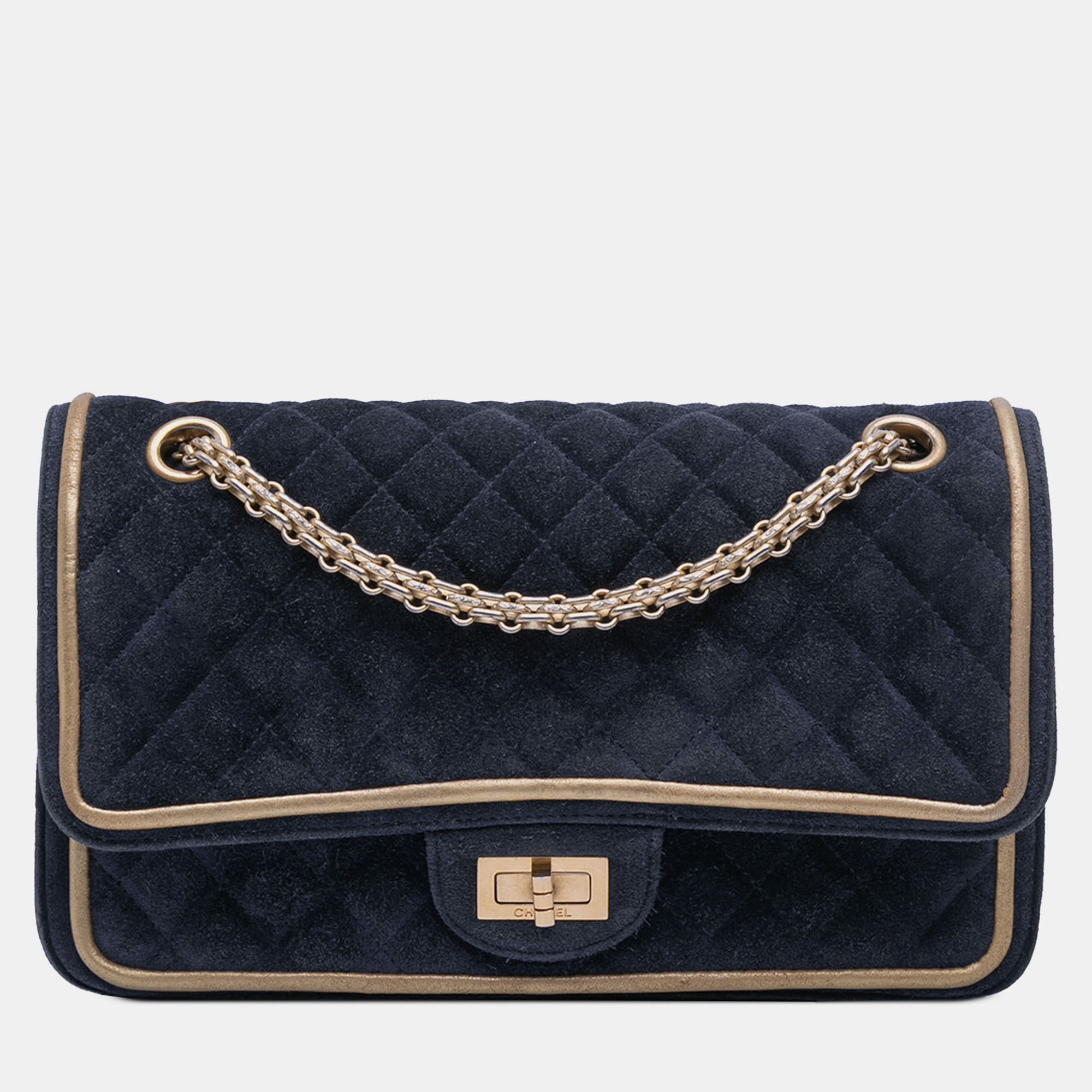 

Chanel Navy Blue Reissue 2.55 Quilted Suede Double Flap 225
