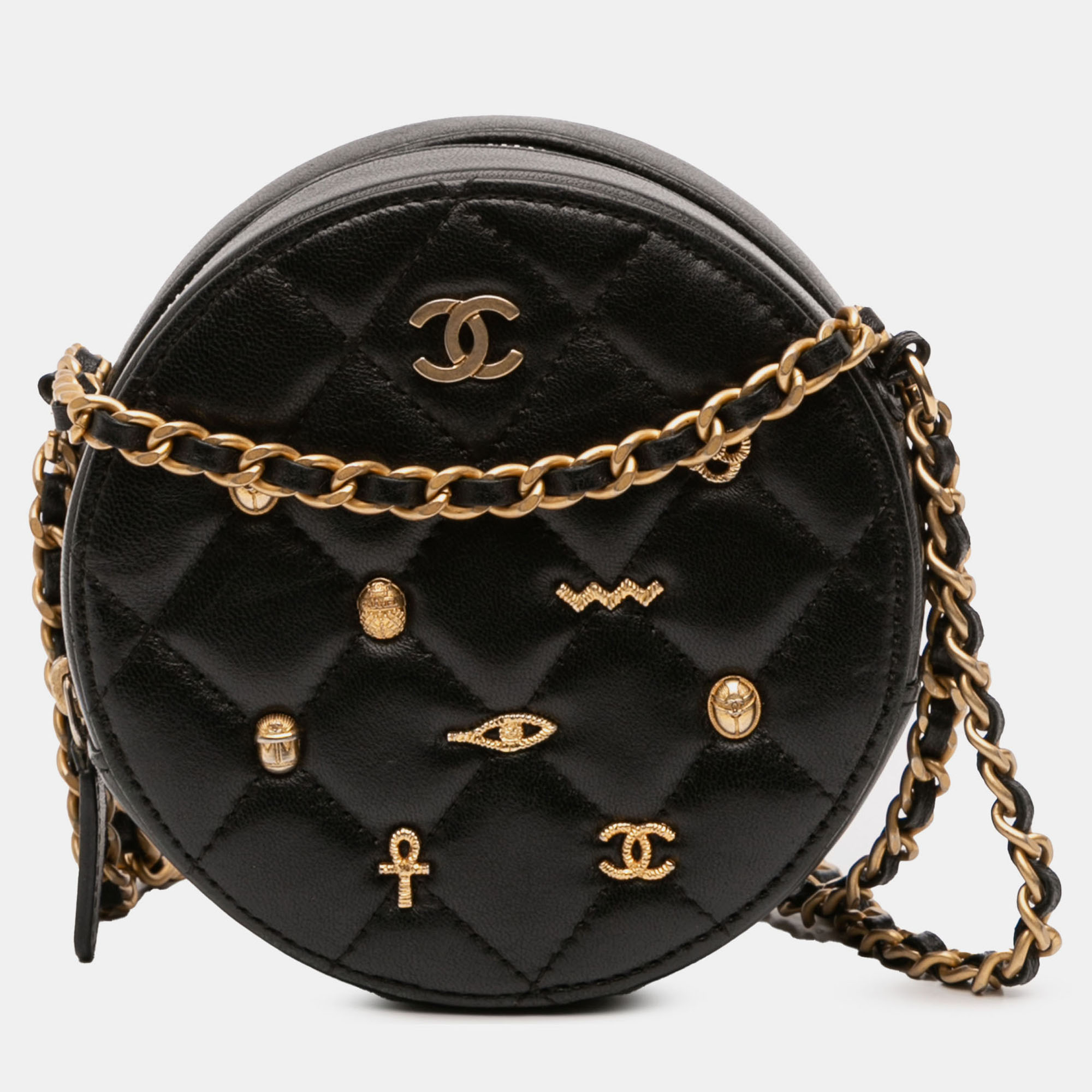 

Chanel Black Quilted Lambskin Egyptian Amulet Charms Round Clutch with Chain