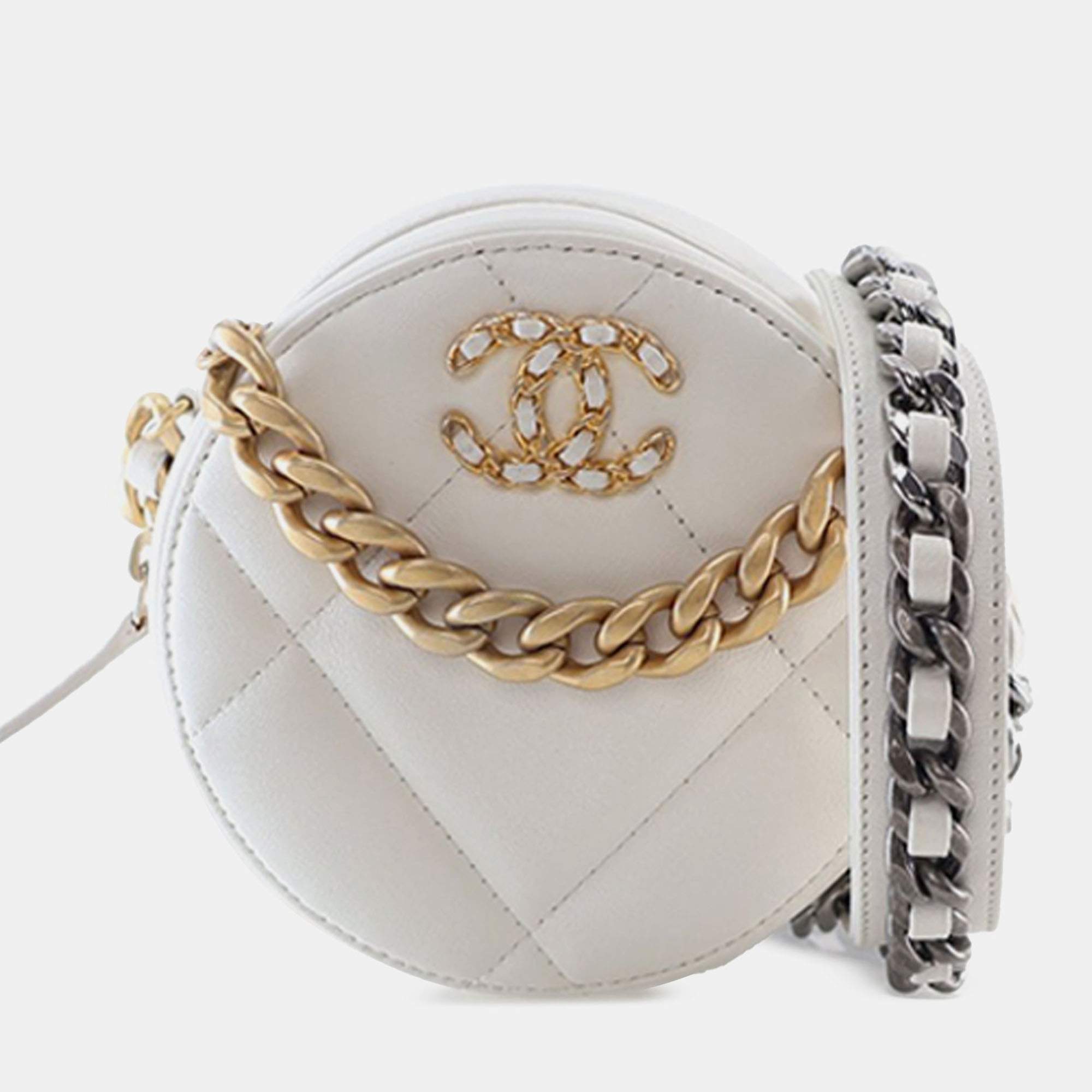 

Chanel White Lambskin 19 Round Clutch with Chain