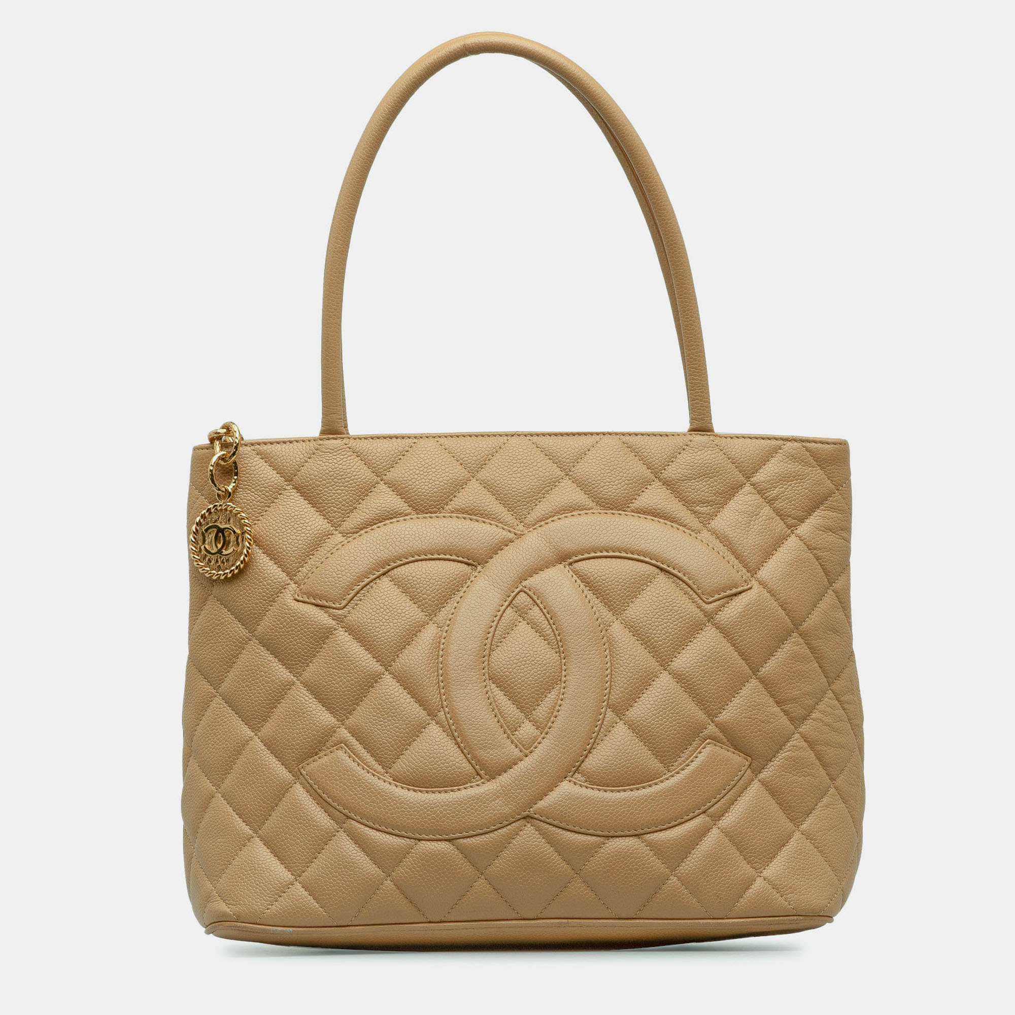 Pre-owned Chanel Beige Caviar Medallion Tote In Sand
