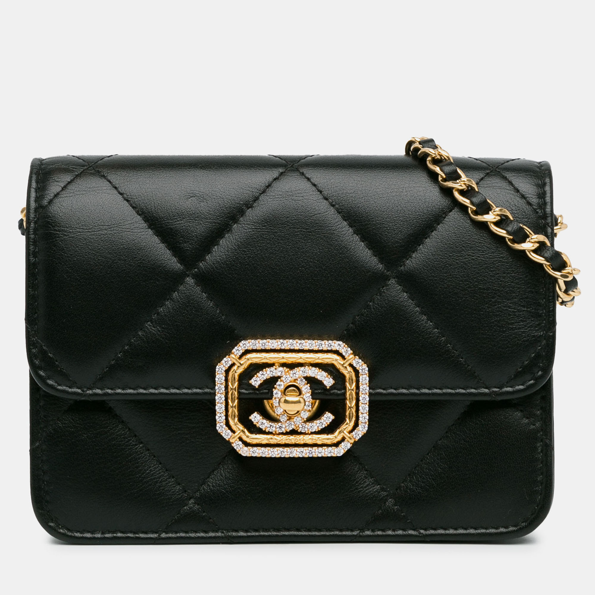 Pre-owned Chanel Black Quilted Calfskin Strass Clutch With Chain Flap