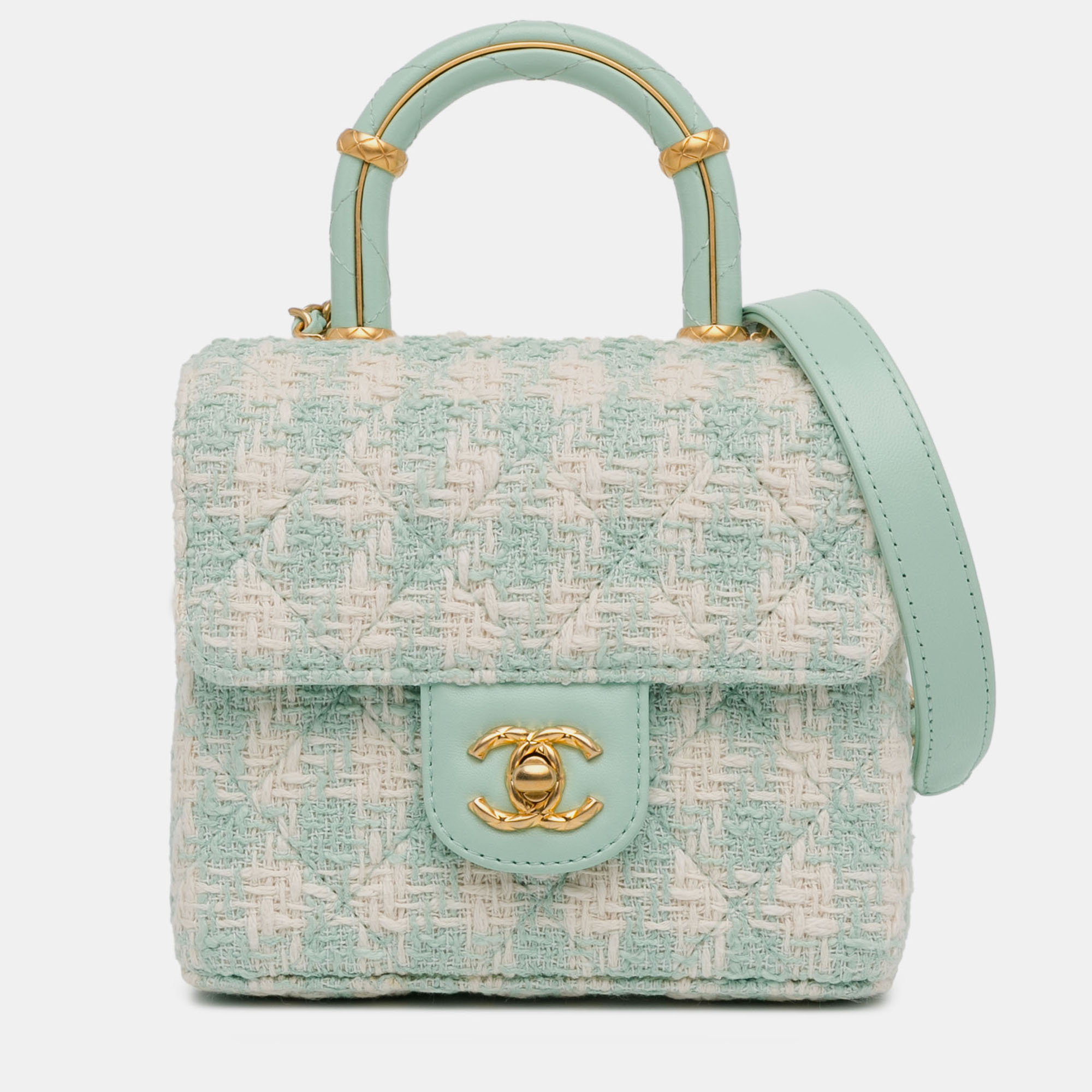 

Chanel Green White Quilted Tweed Crush Top Handle Bag