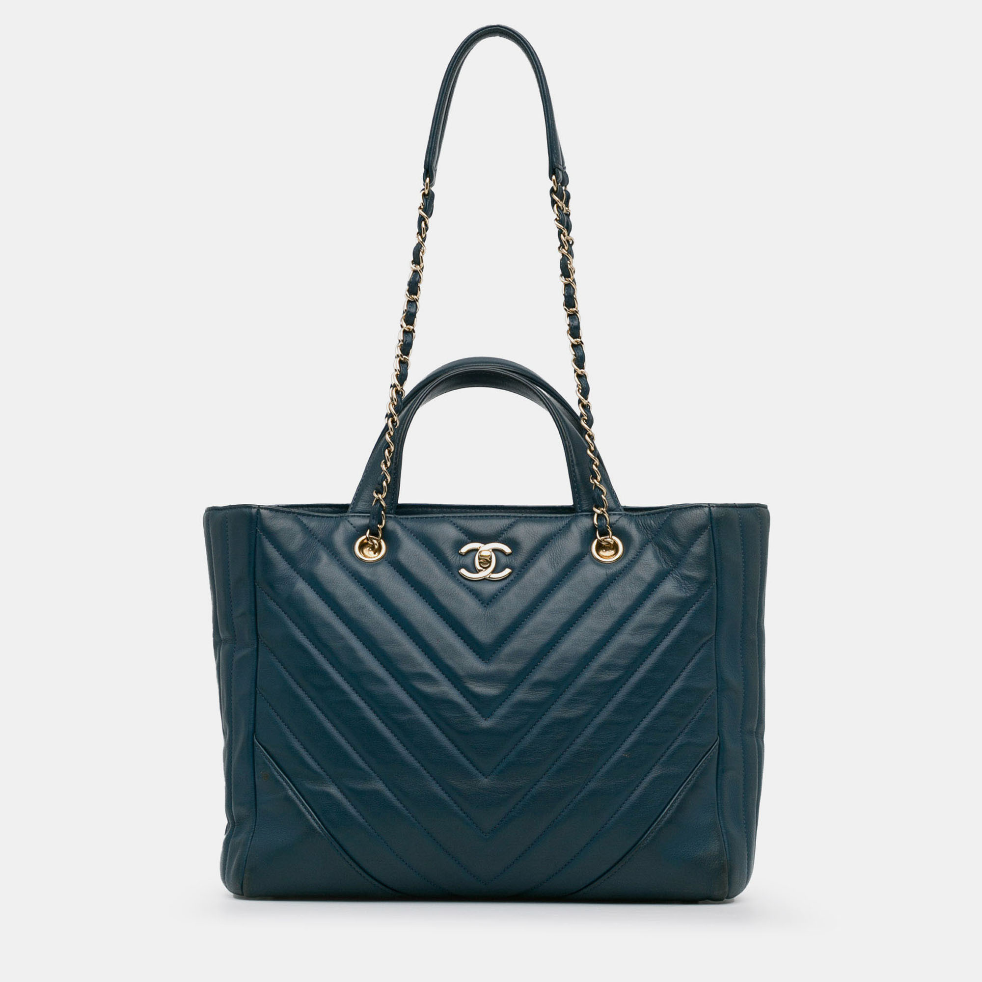 Pre-owned Chanel Blue Cc Chevron Calfskin Statement Shopping Tote