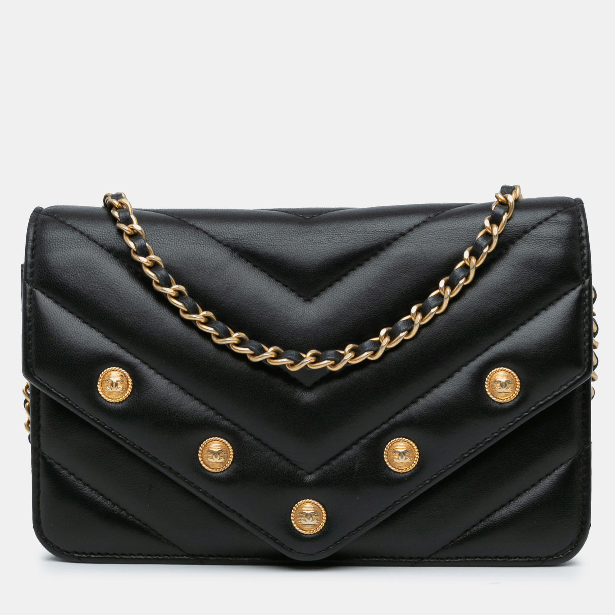 

Chanel Black Chevron Lambskin Button Wallet On Chain