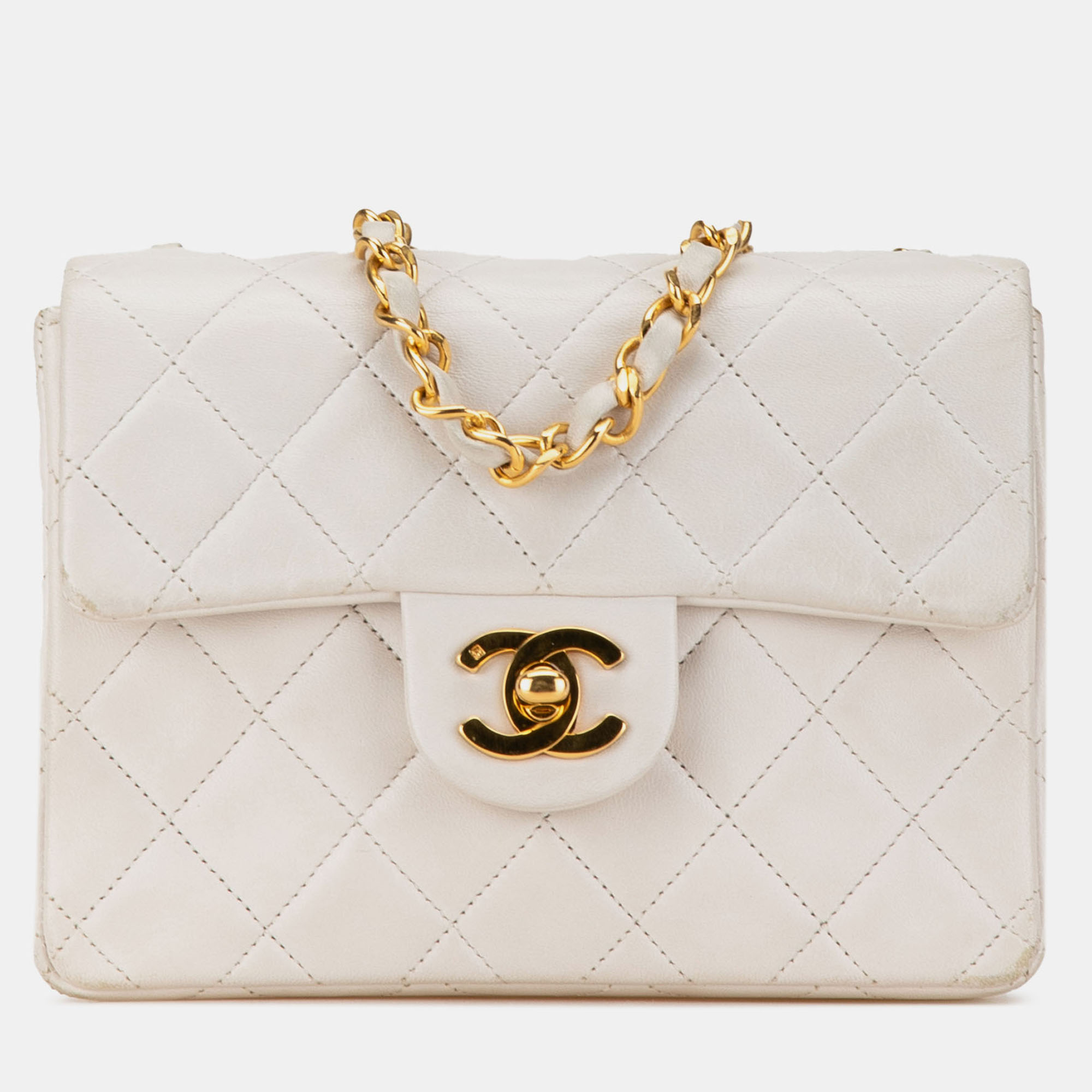 

Chanel White Mini Square Classic Lambskin Single Flap