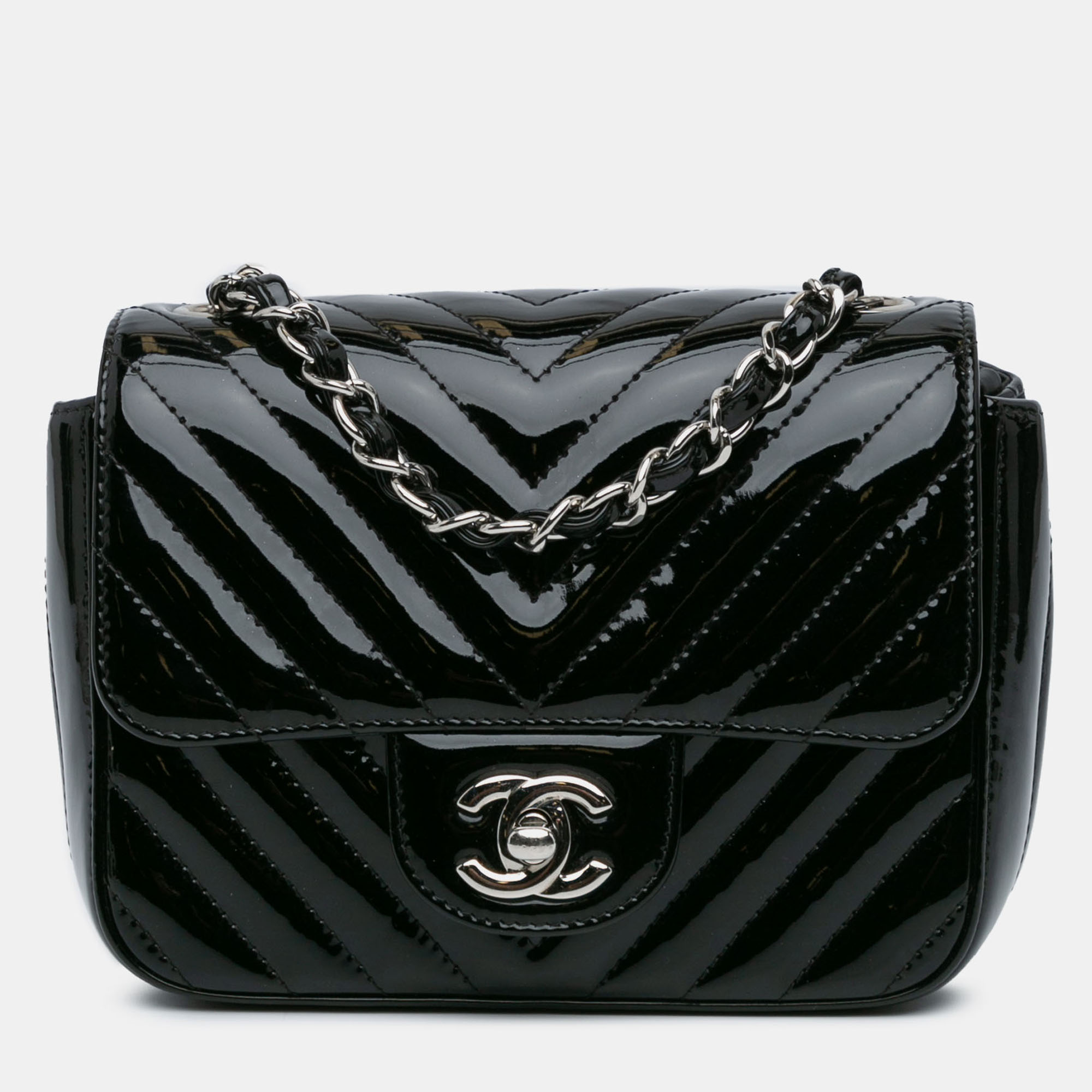 

Chanel Black Mini Square Classic Chevron Patent Flap