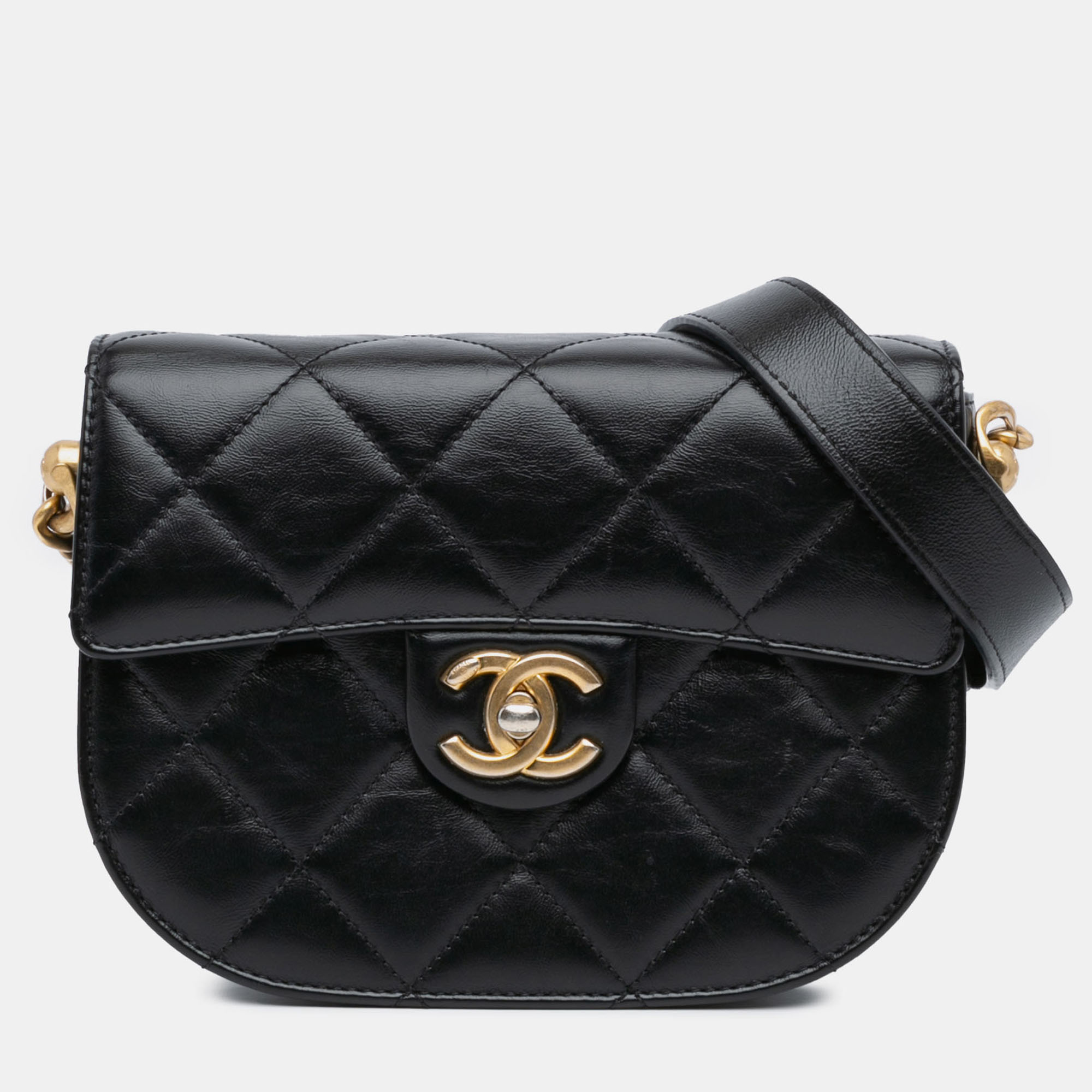 Pre-owned Chanel Black Cc Quilted Calfskin Round Moon Messenger Flap