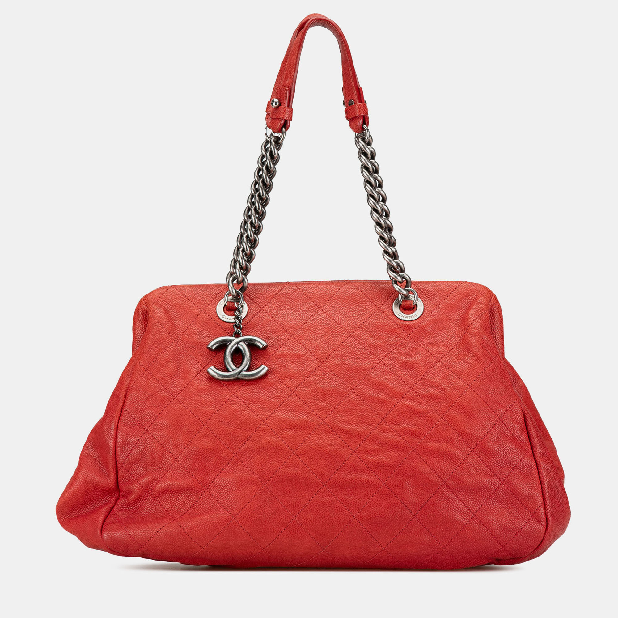 Pre-owned Chanel Red Medium Quilted Caviar Frame Tote