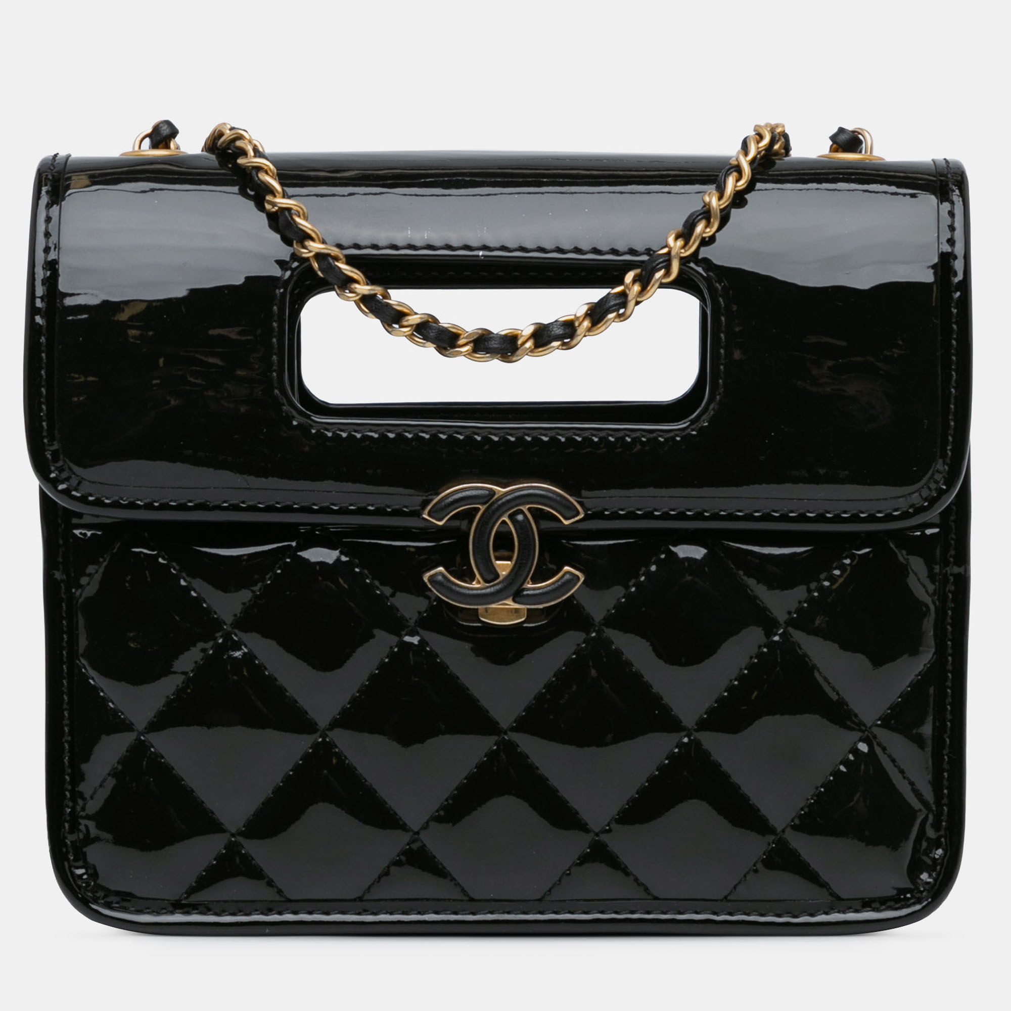 

Chanel Black Mini Quilted Patent Graphic Catch Flap