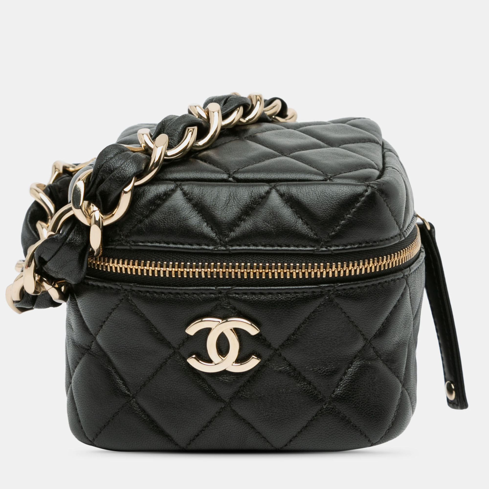 

Chanel Black Quilted Lambskin Cube Chain Wristlet Case