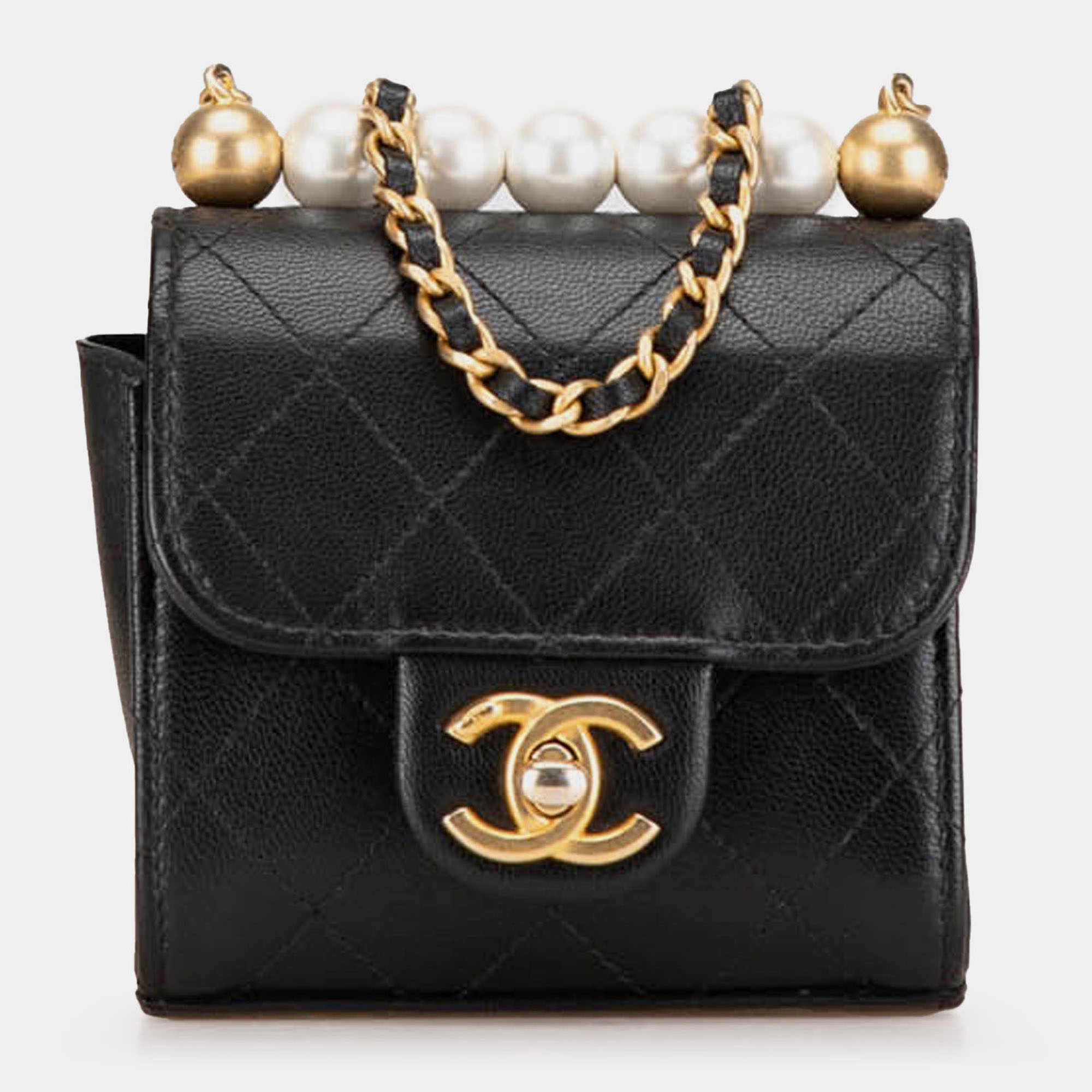 

Chanel Black Mini Goatskin Chic Pearls Clutch On Chain