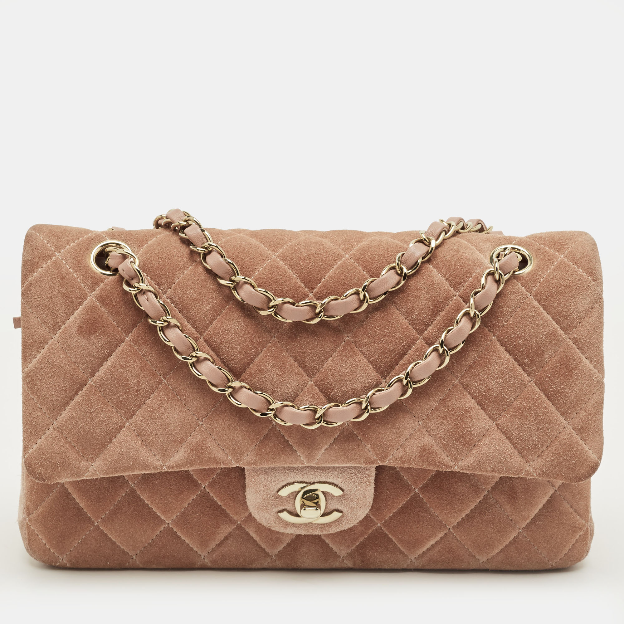 

Chanel Beige Quilted Suede Medium Classic Double Flap Bag, Pink