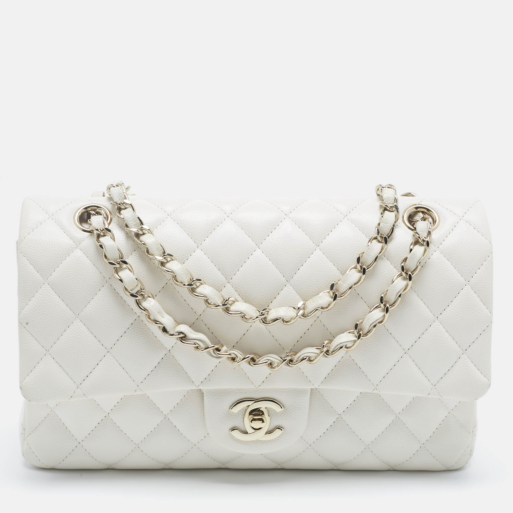 

Chanel White Quilted Caviar Leather Medium Classic Double Flap Bag