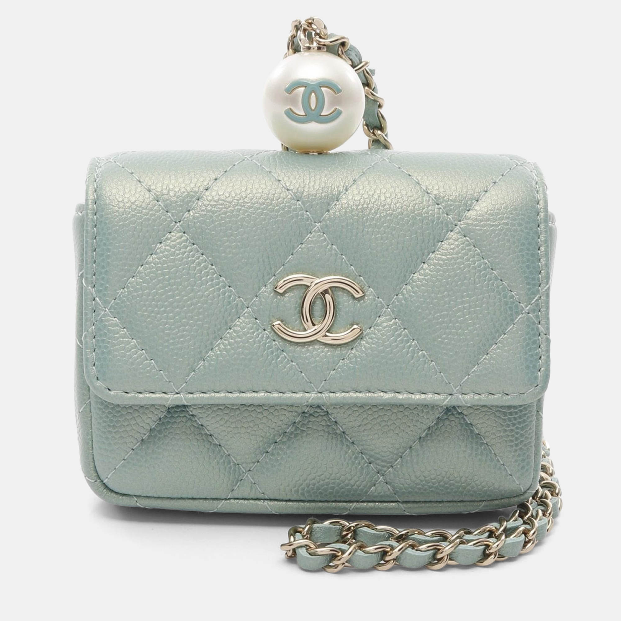 Pre-owned Chanel Matelasse Chain Flap Coin Purse Calfskin Green