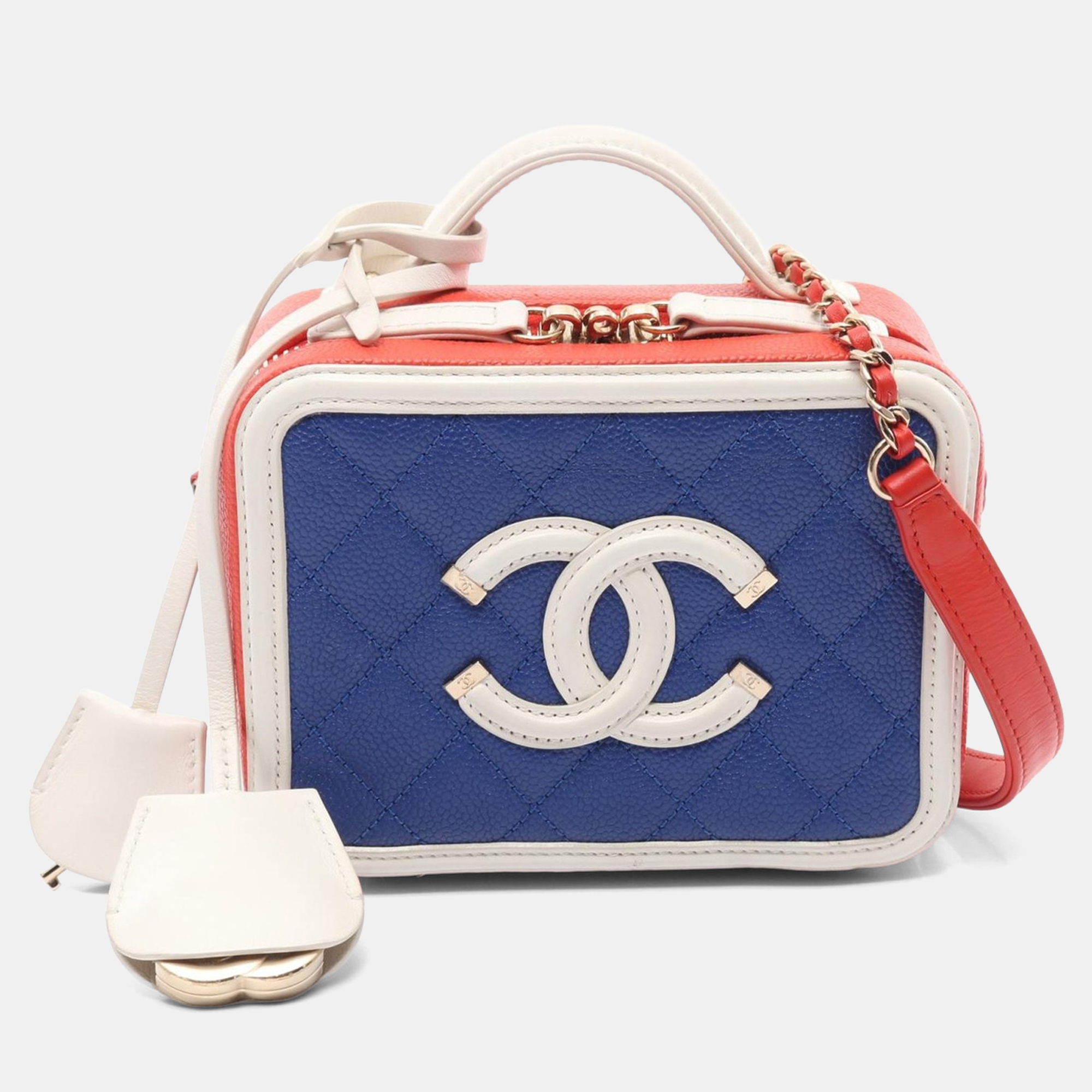 

Chanel Cc Filigree Small Vanity Shoulder Bag Leather Blue Red White, Multicolor