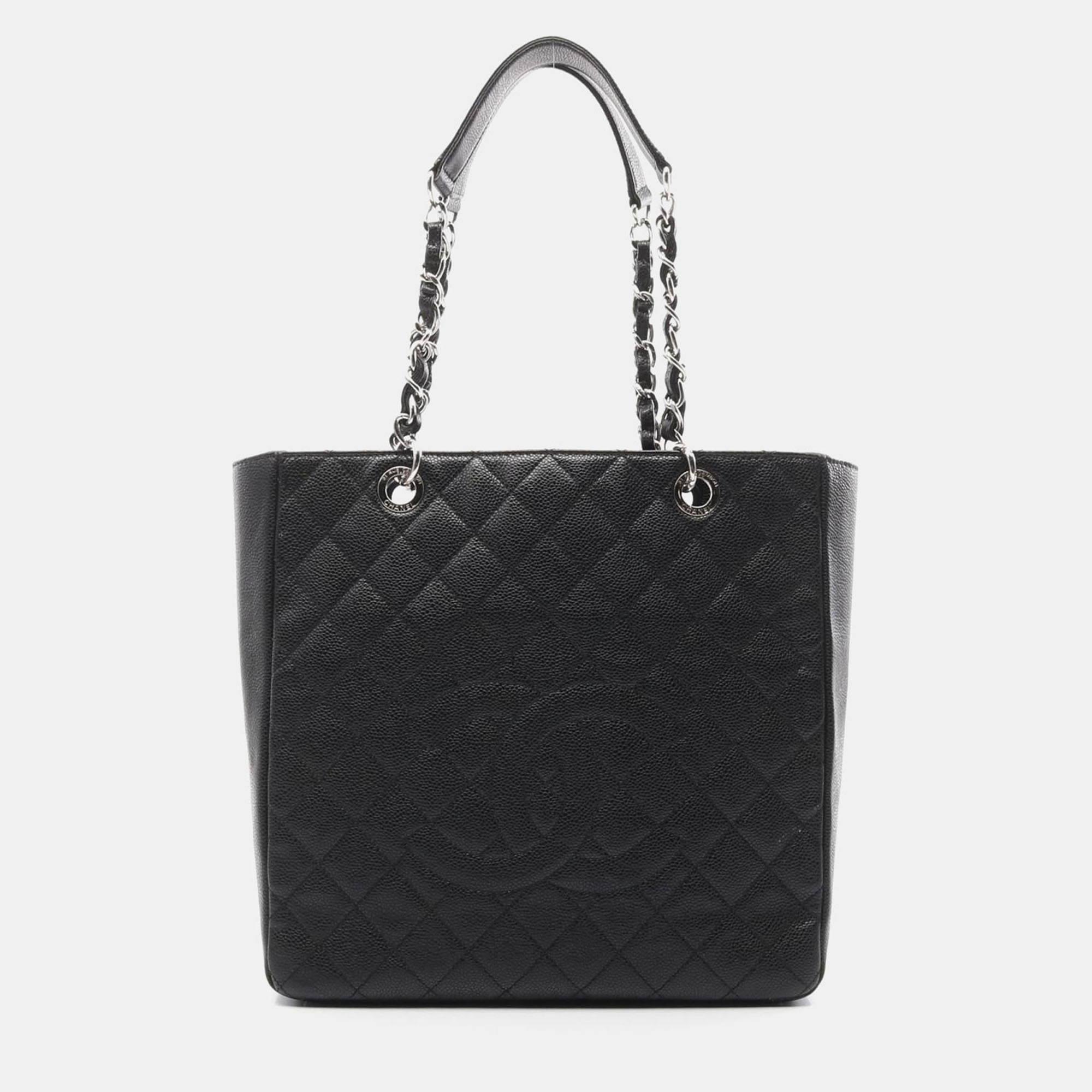 Pre-owned Chanel Matelasse Black Grained Calfskin Cc Chain Tote Bag