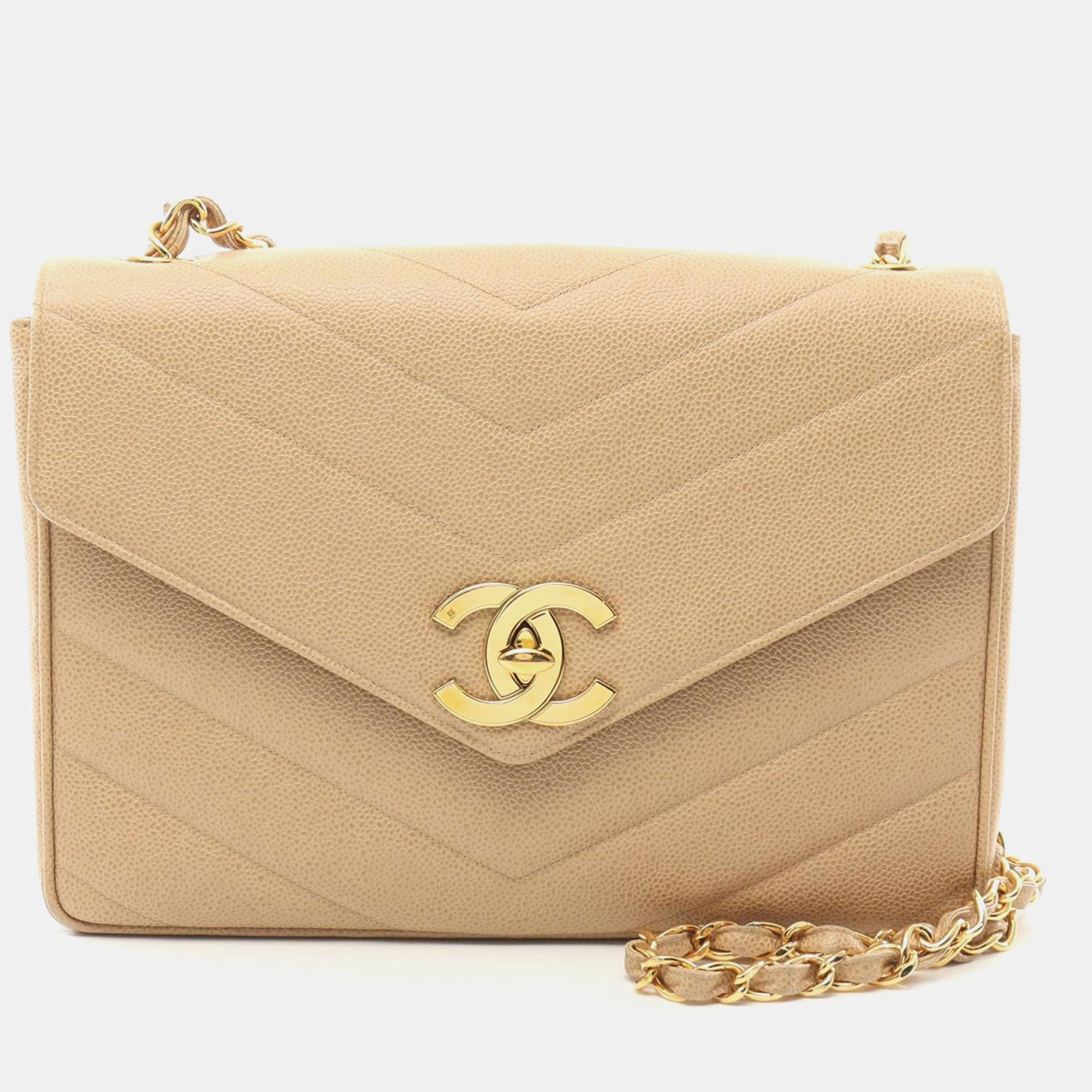 

Chanel V Stitch Chain Crossbody Shoulder Bag Leather Beige