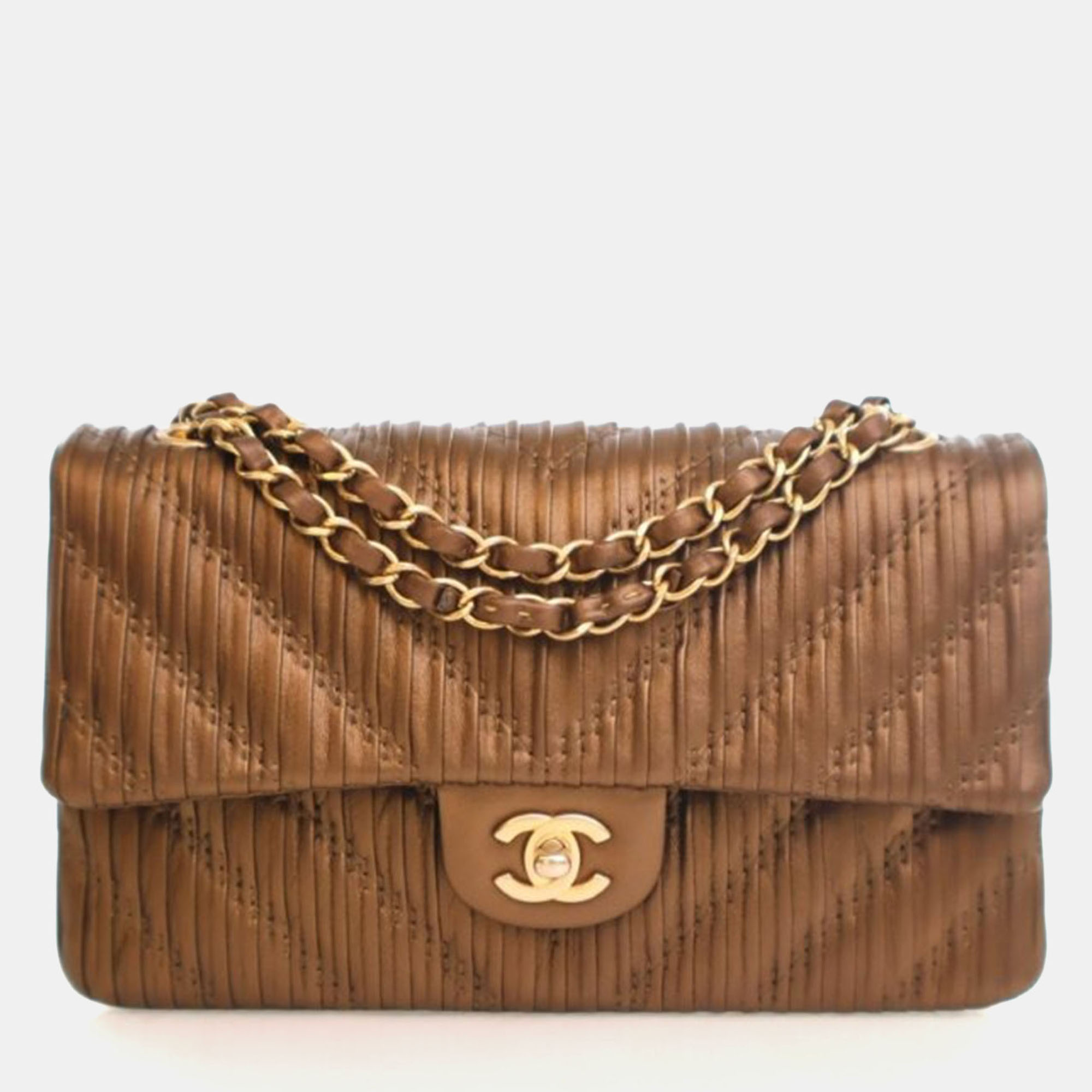 

Chanel Medium Calfskin Pleated Chevron Chanel Classic Flap, Brown