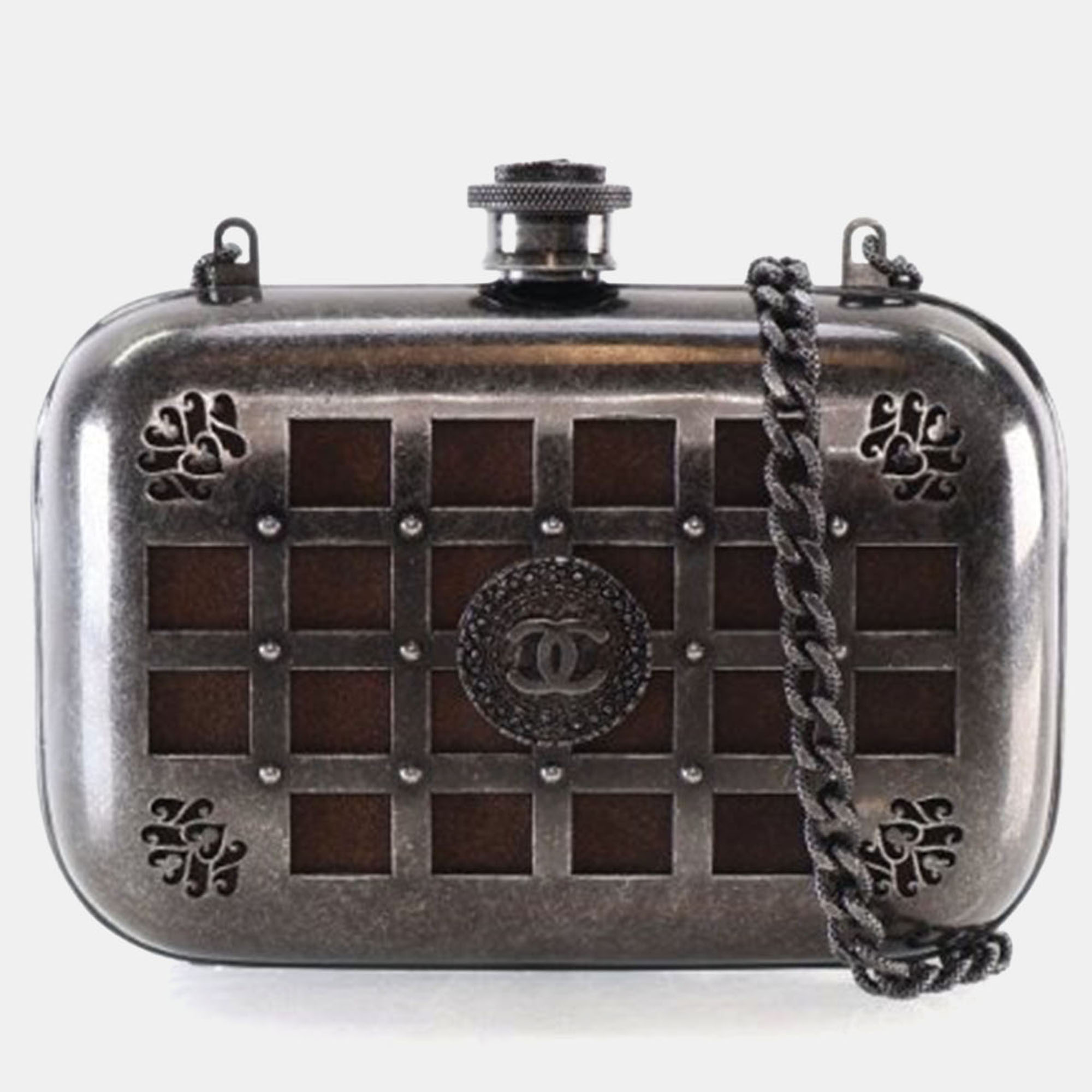 Pre-owned Chanel Mini Grey Gunmetal Grid Cage Clutch In Gray