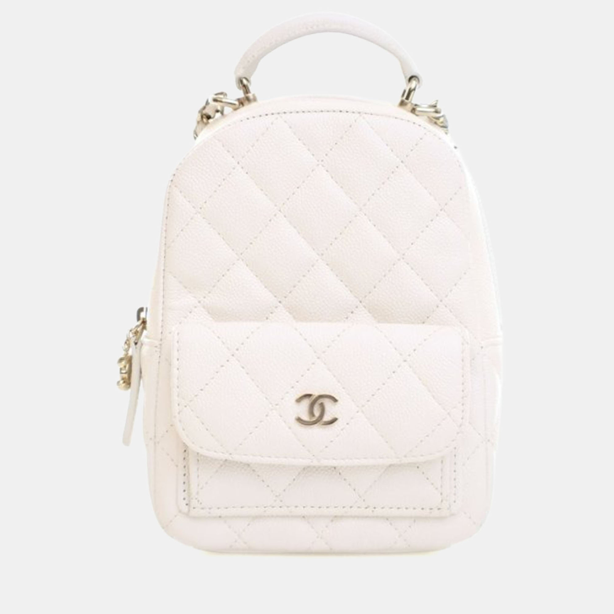 Pre-owned Chanel Mini Caviar Classic Backpack In White