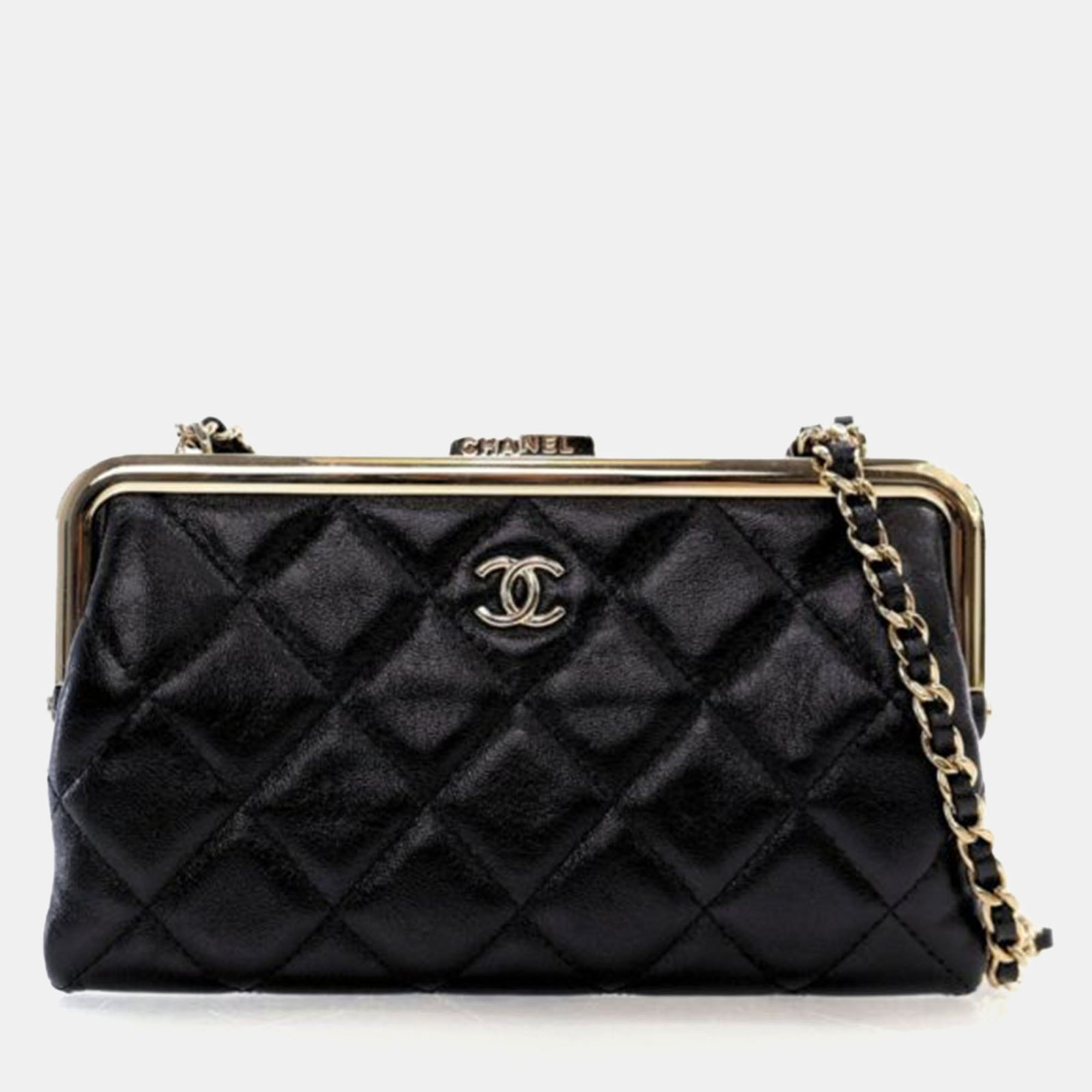 

Chanel Glazed Calfskin Frame Clutch On Chain, Black