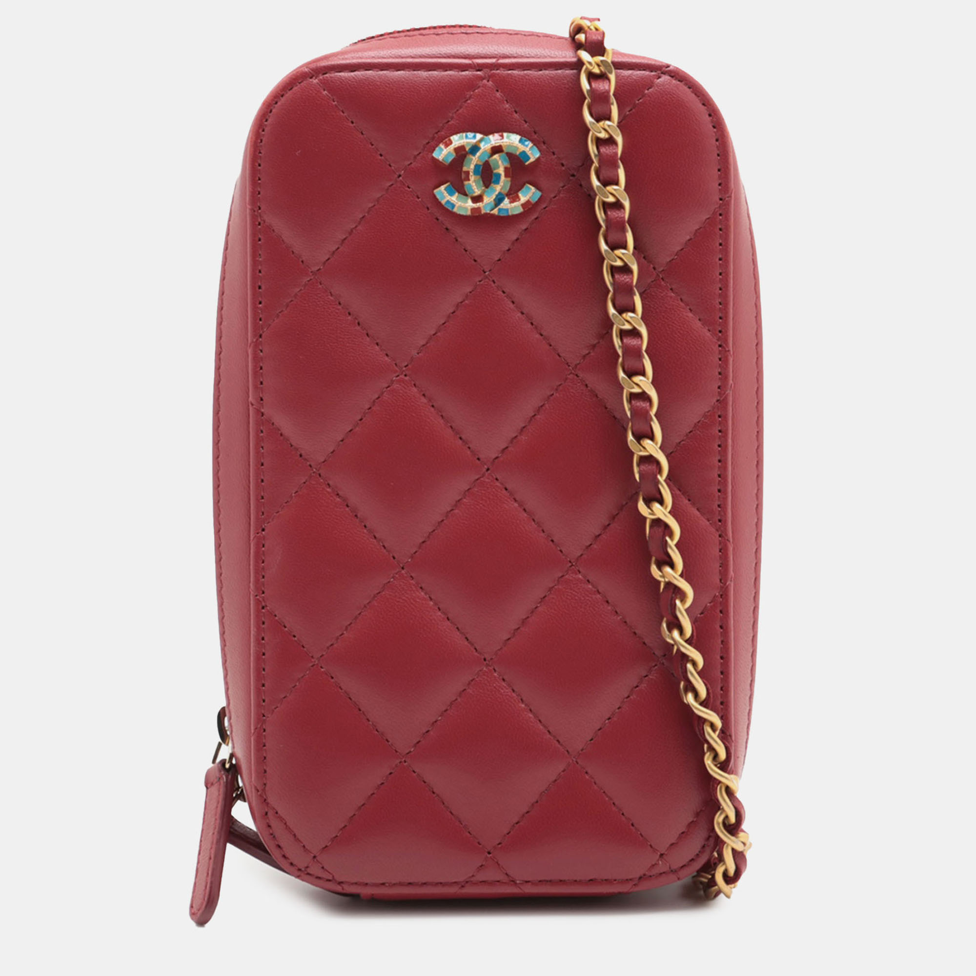Pre-owned Chanel Red Cc Quilted Lambskin Zip Phone Case
