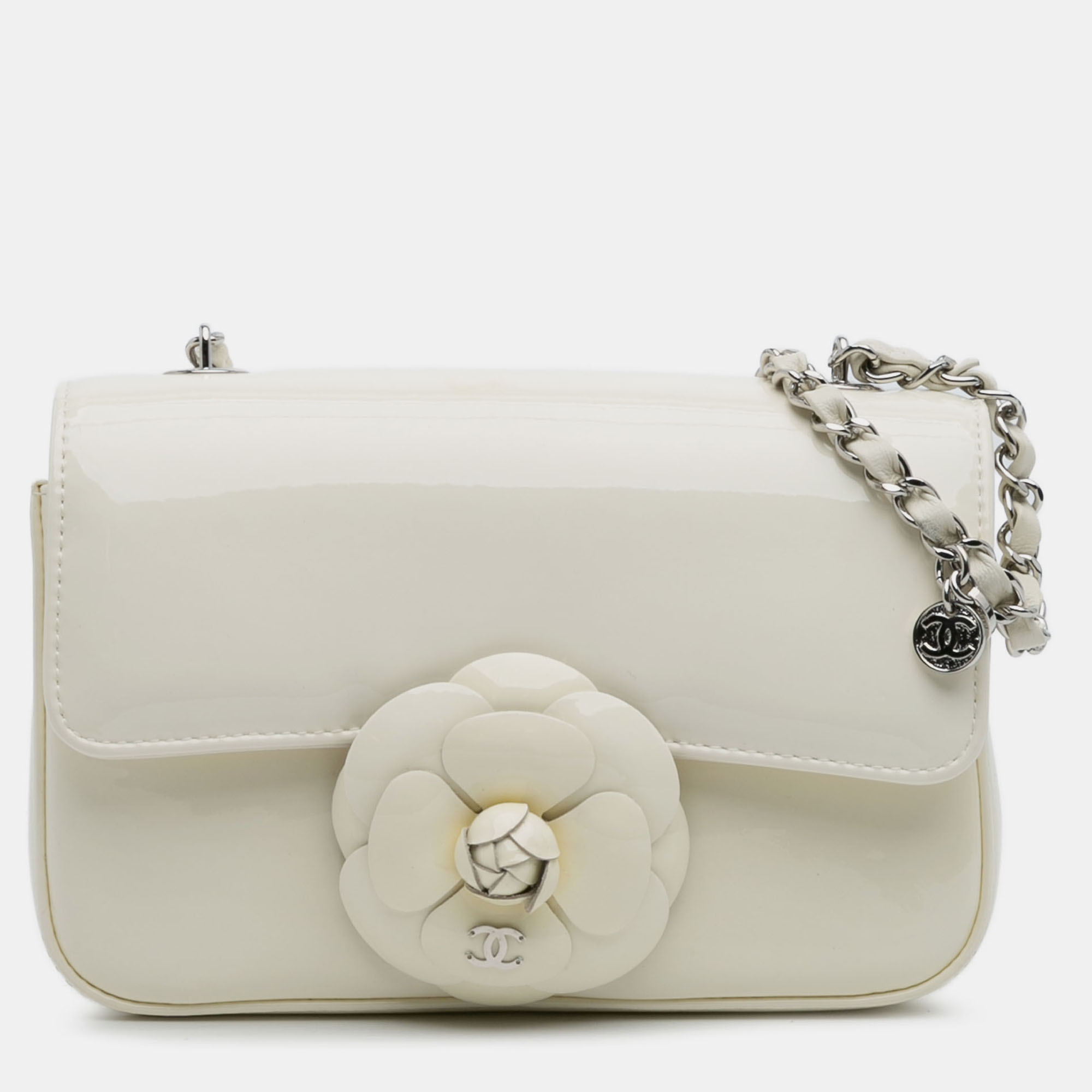 

Chanel White Small Patent Camellia Single Flap