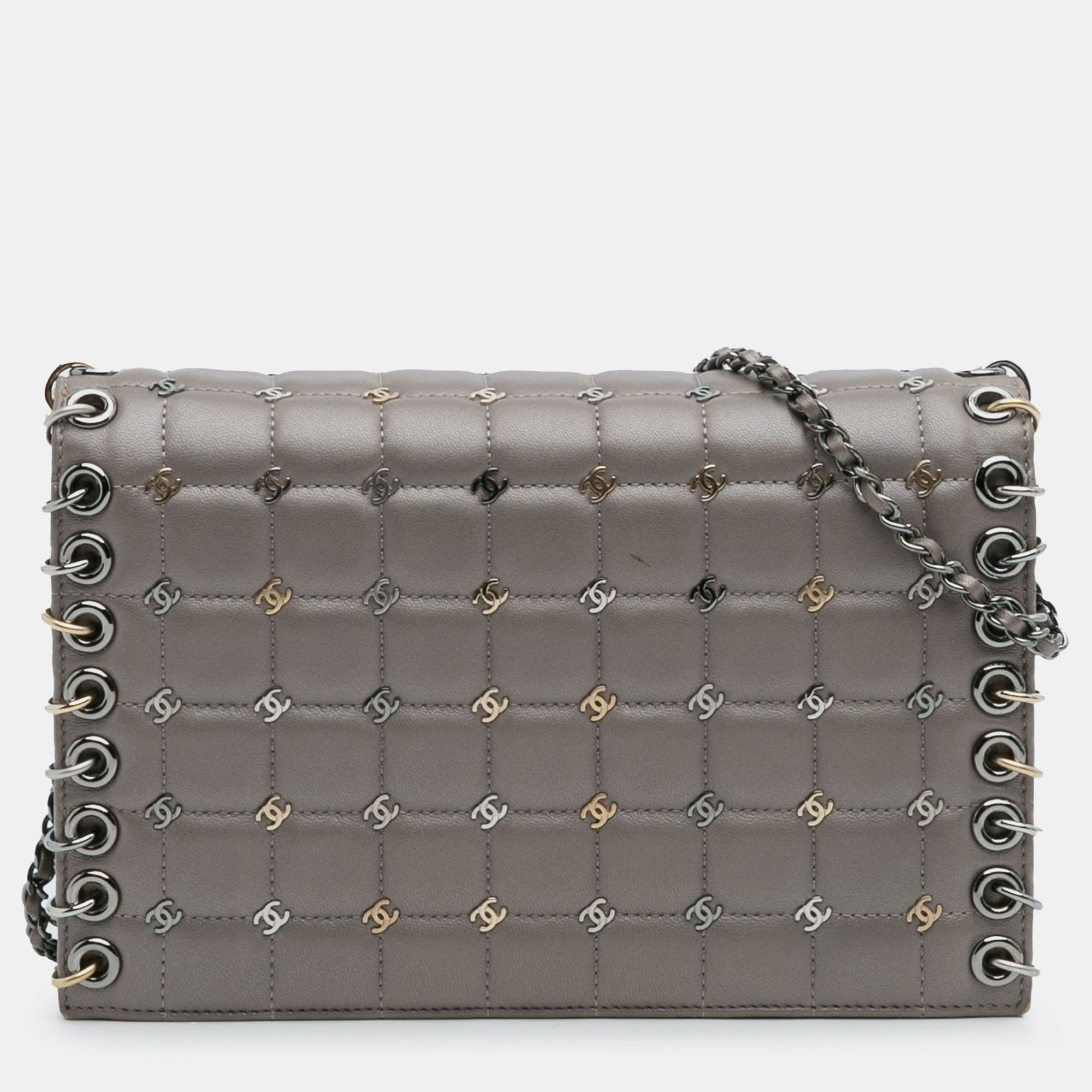 

Chanel Small Lambskin Chocolate Bar CC Piercing Studded Chain Flap Shoulder Bag, Grey