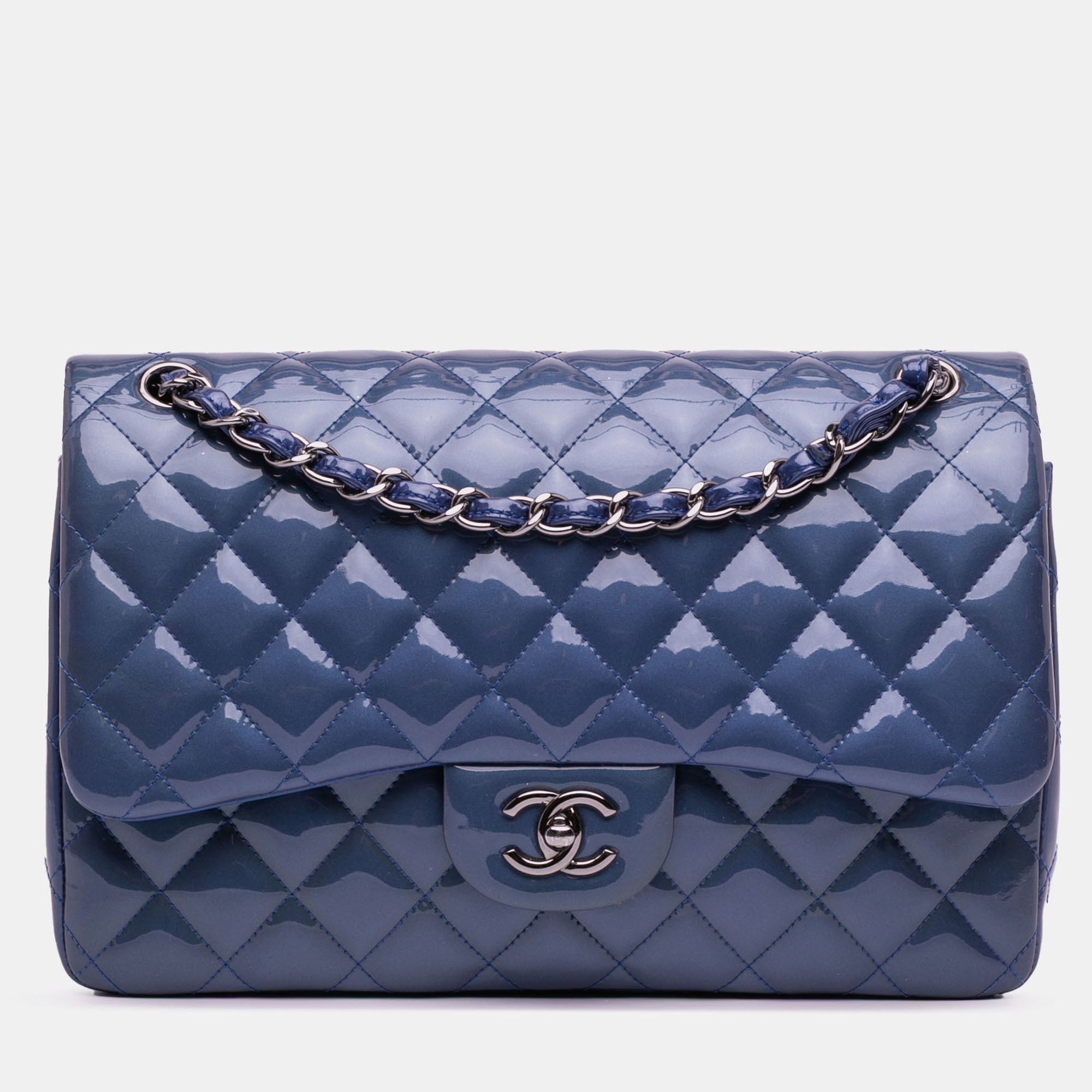 

Chanel Blue Jumbo Classic Patent Double Flap