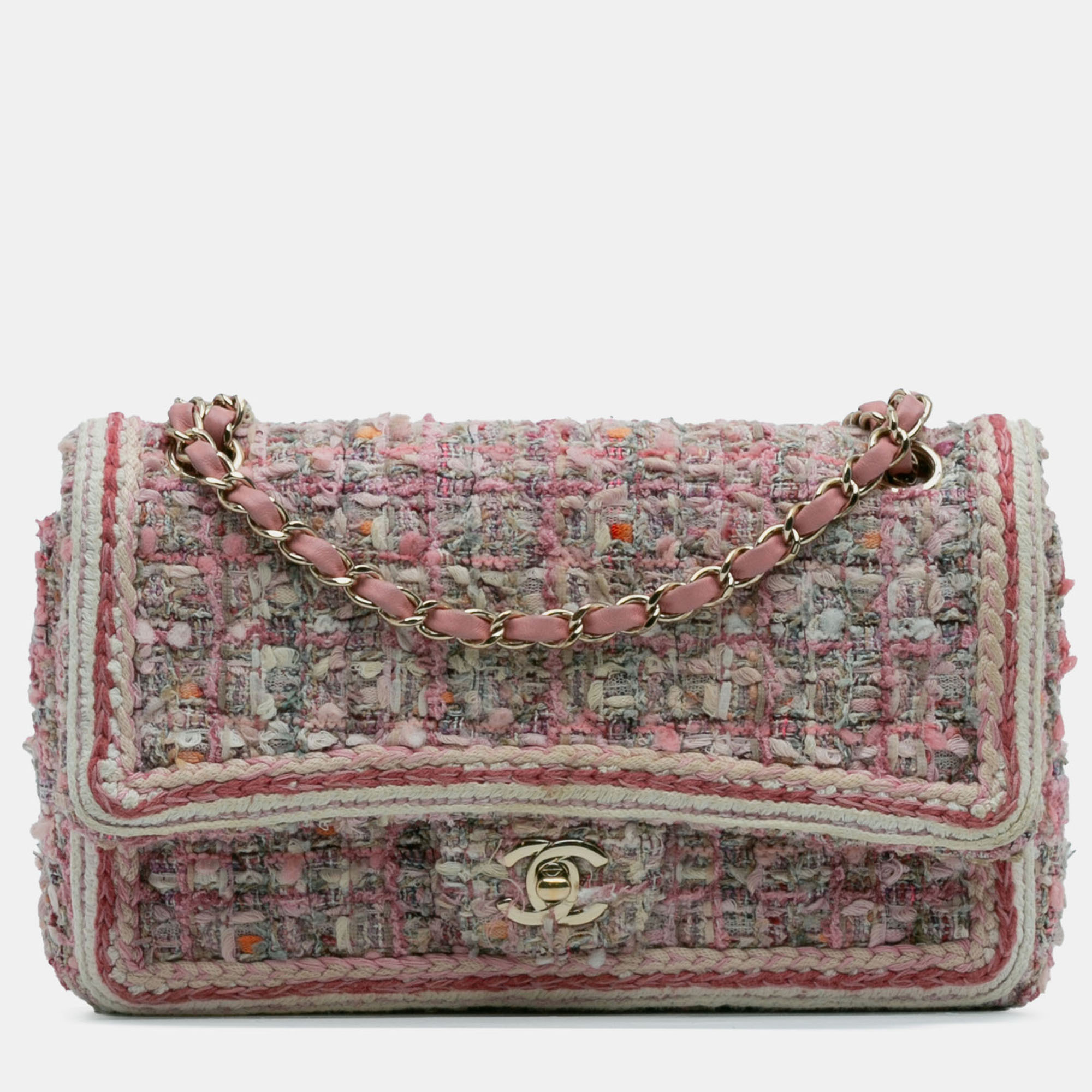 

Chanel Pink Medium Classic Quilted Tweed Braided Double Flap