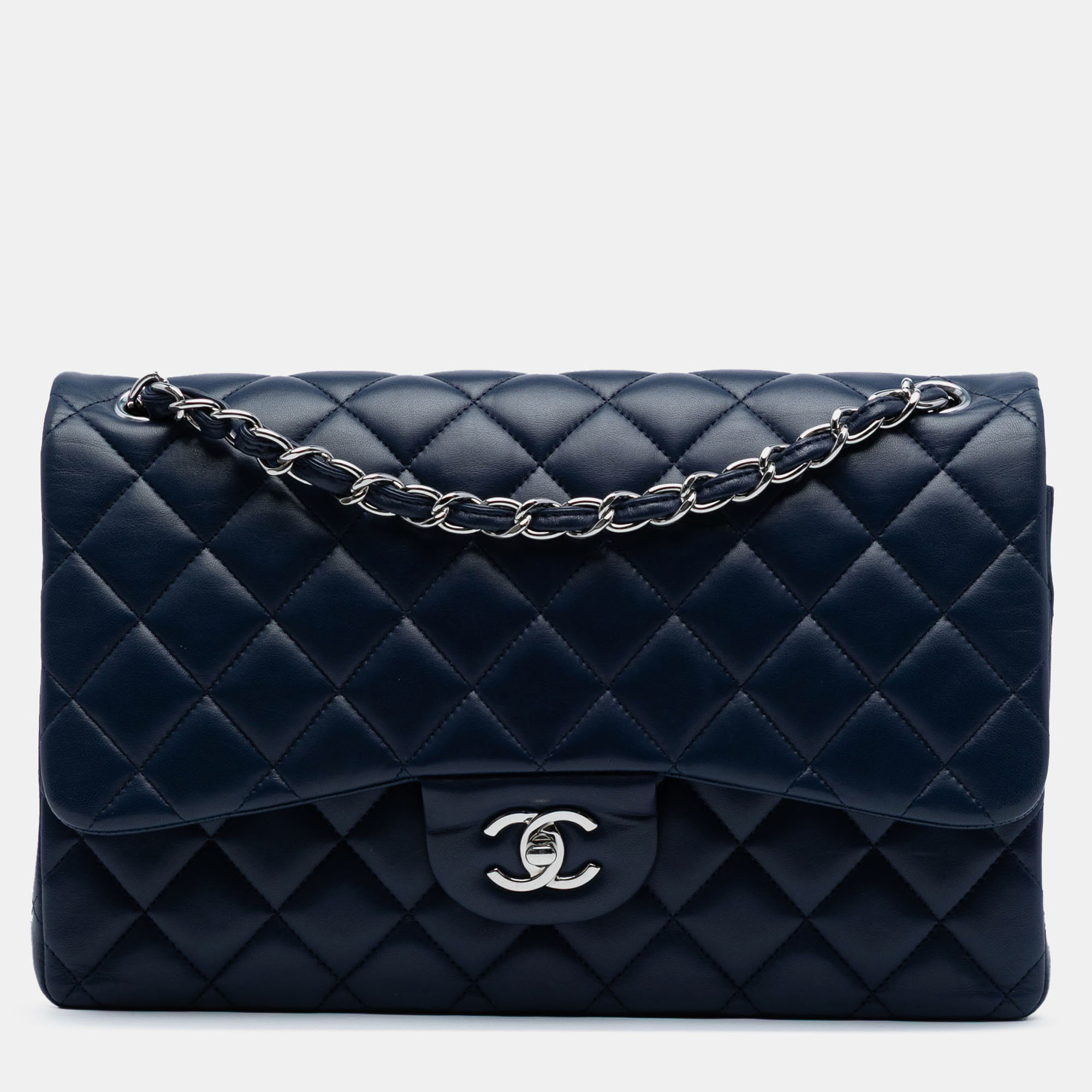 

Chanel Classic Double Flap Jumbo Lambskin Leather Shoulder Bag, Navy blue