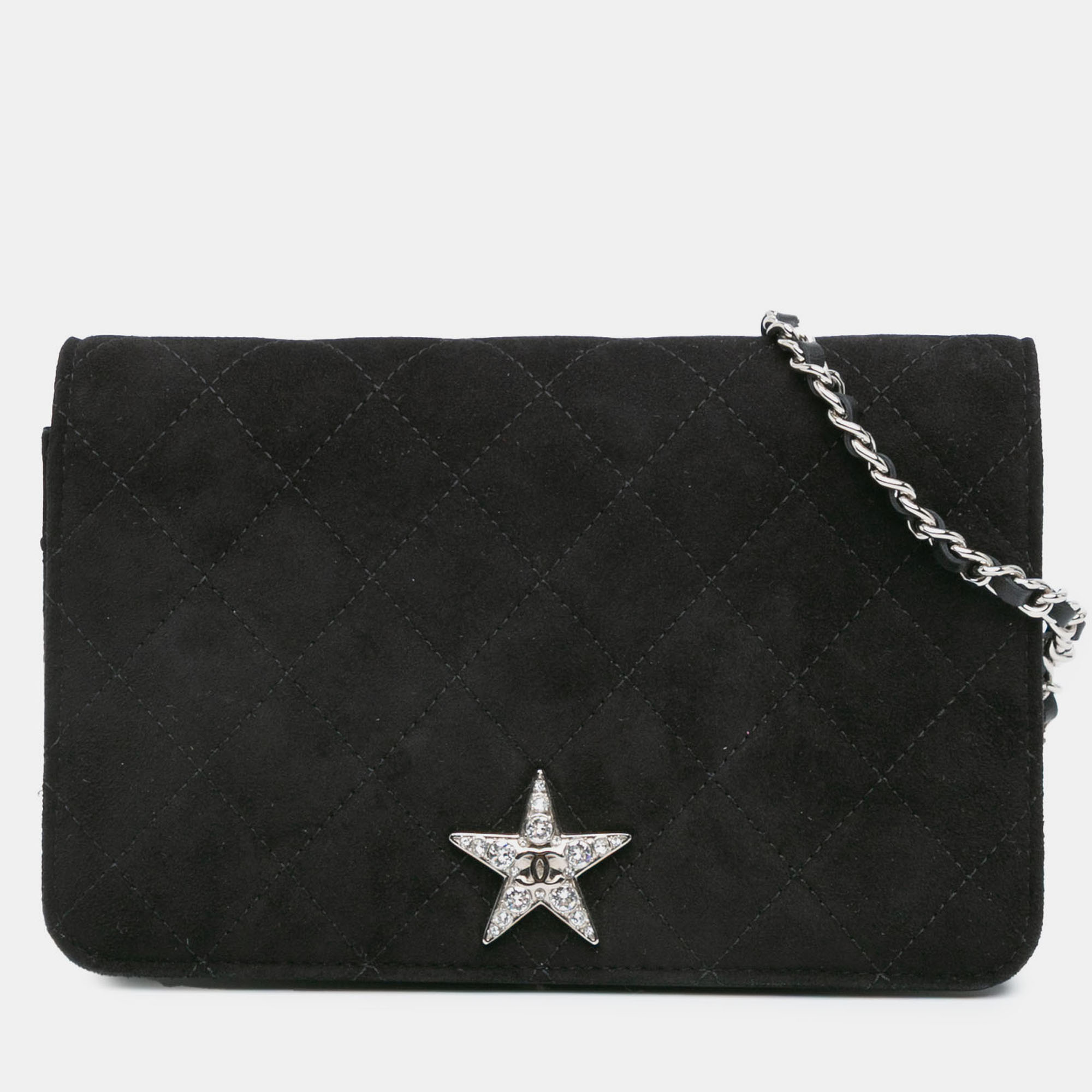 Pre-owned Chanel Black Quilted Suede Cocostellar Wallet On Chain