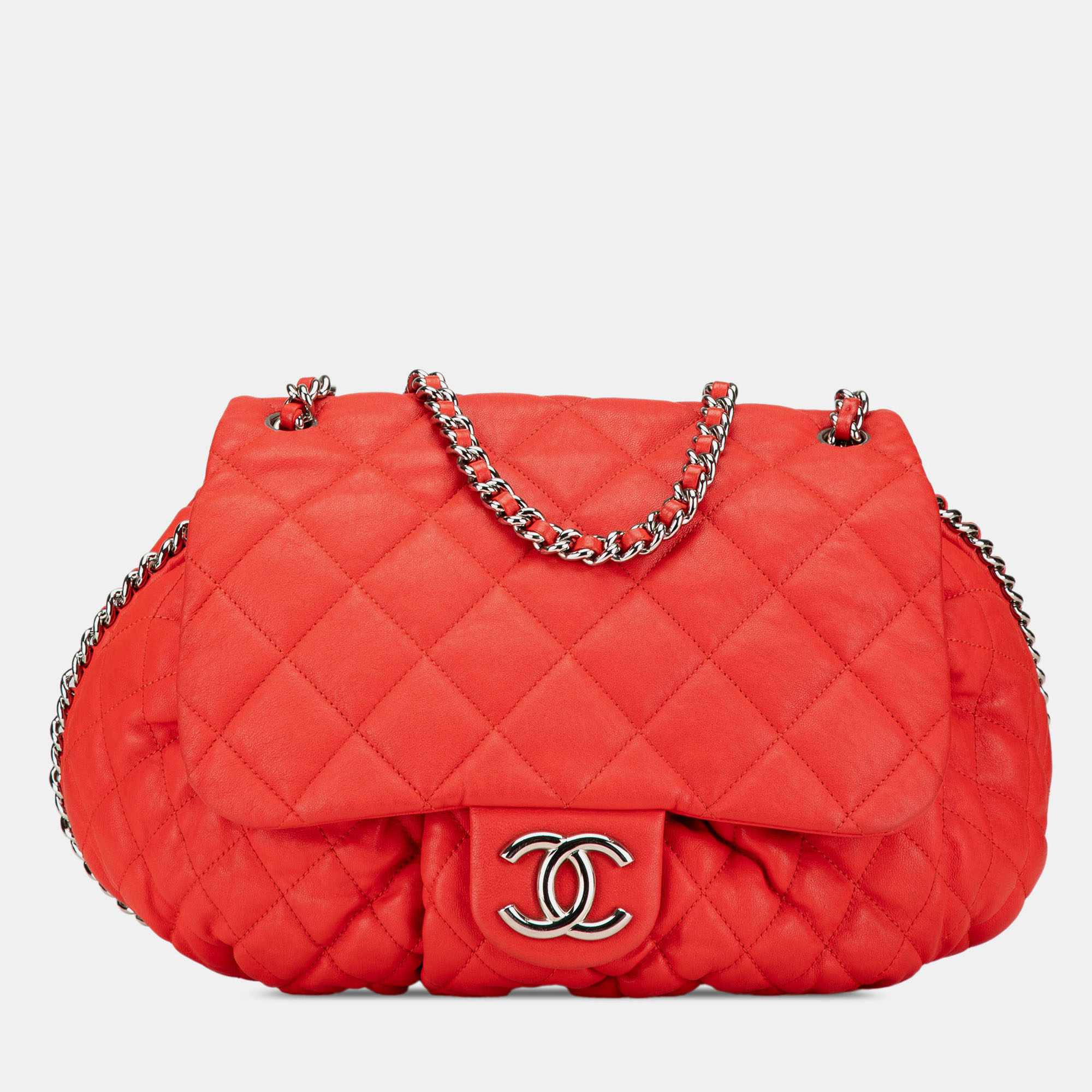 

Chanel Red Large Quilted Lambskin Chain Around Flap