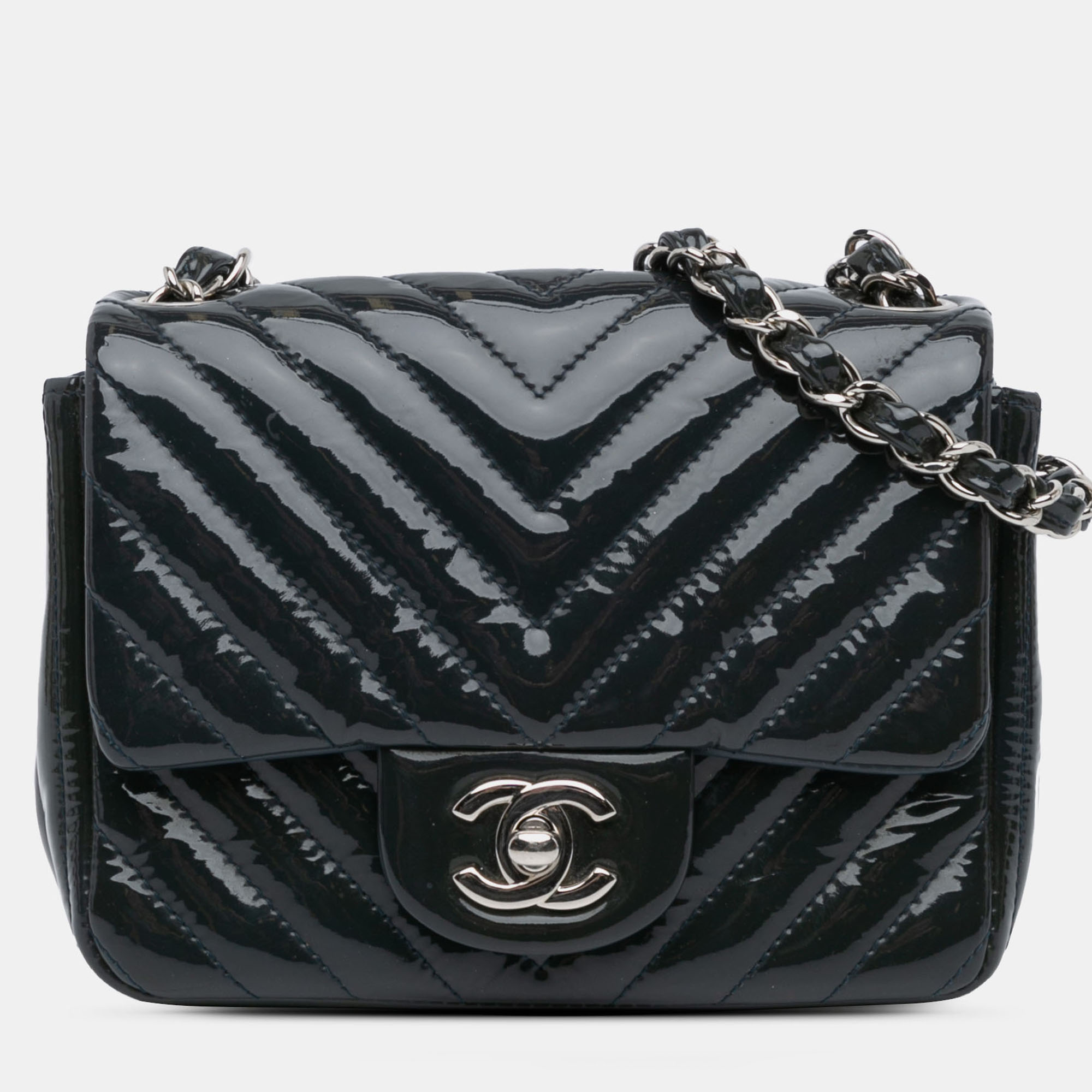 

Chanel Navy Blue Mini Square Classic Chevron Patent Single Flap