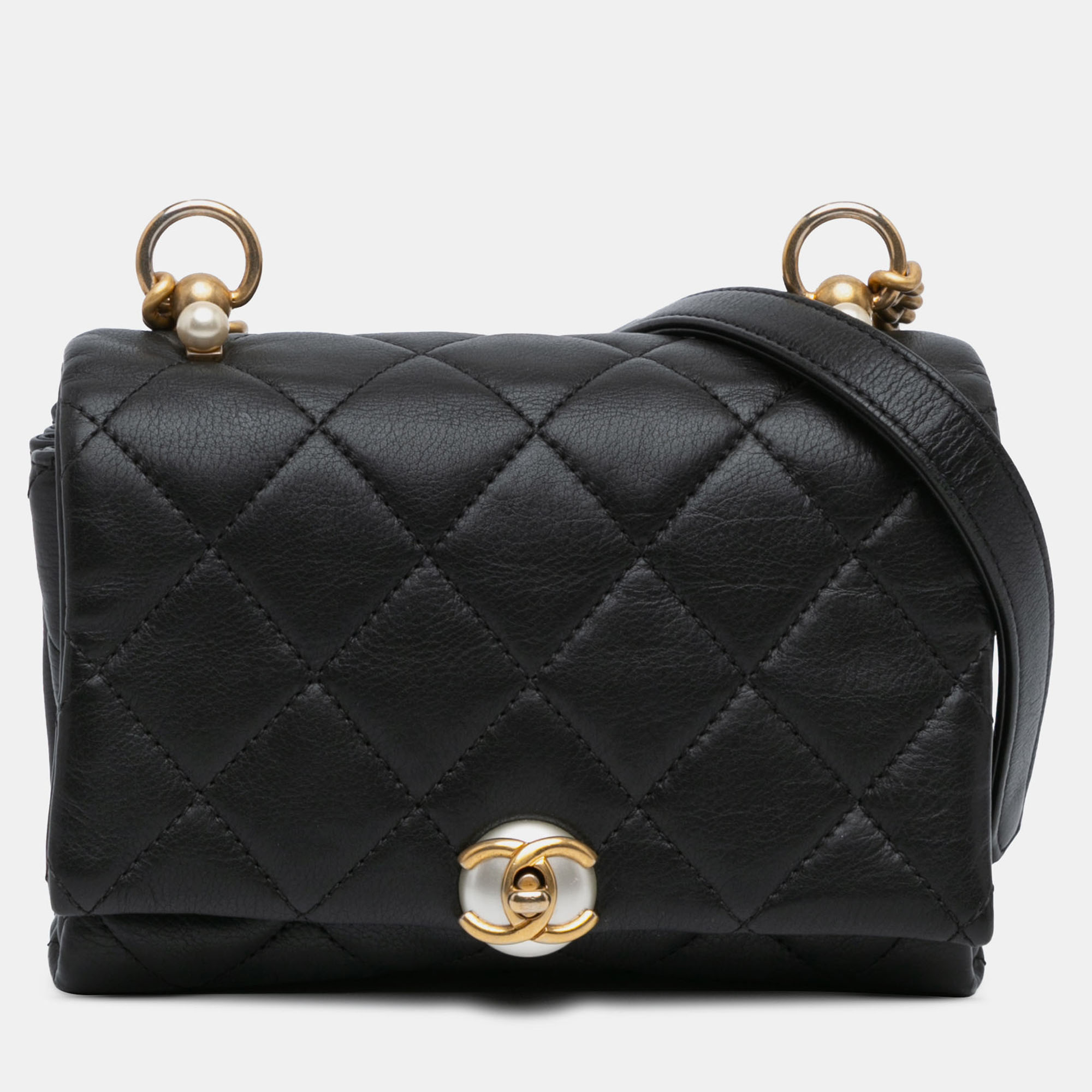 

Chanel Black Mini Quilted Calfskin Pearl CC Accordion Flap