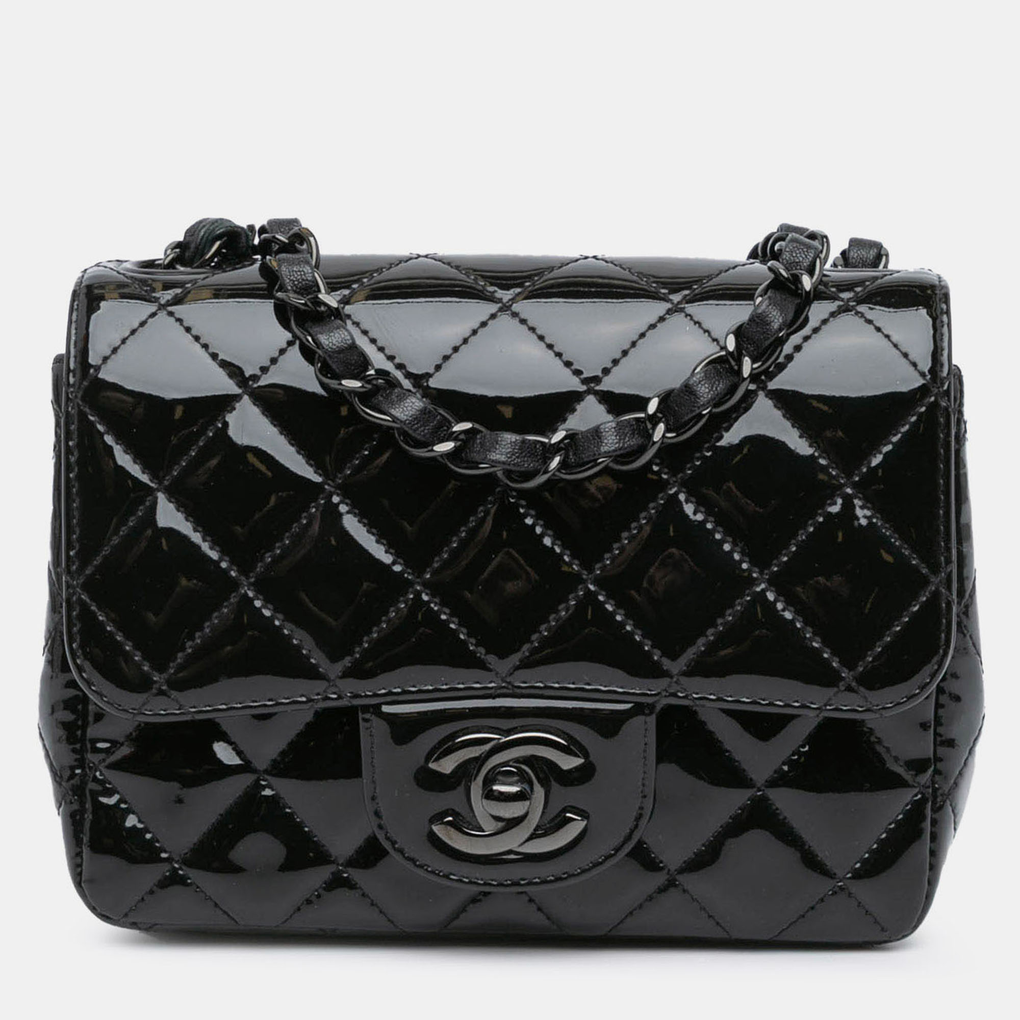 

Chanel Black Mini Square Classic Patent So Black Single Flap