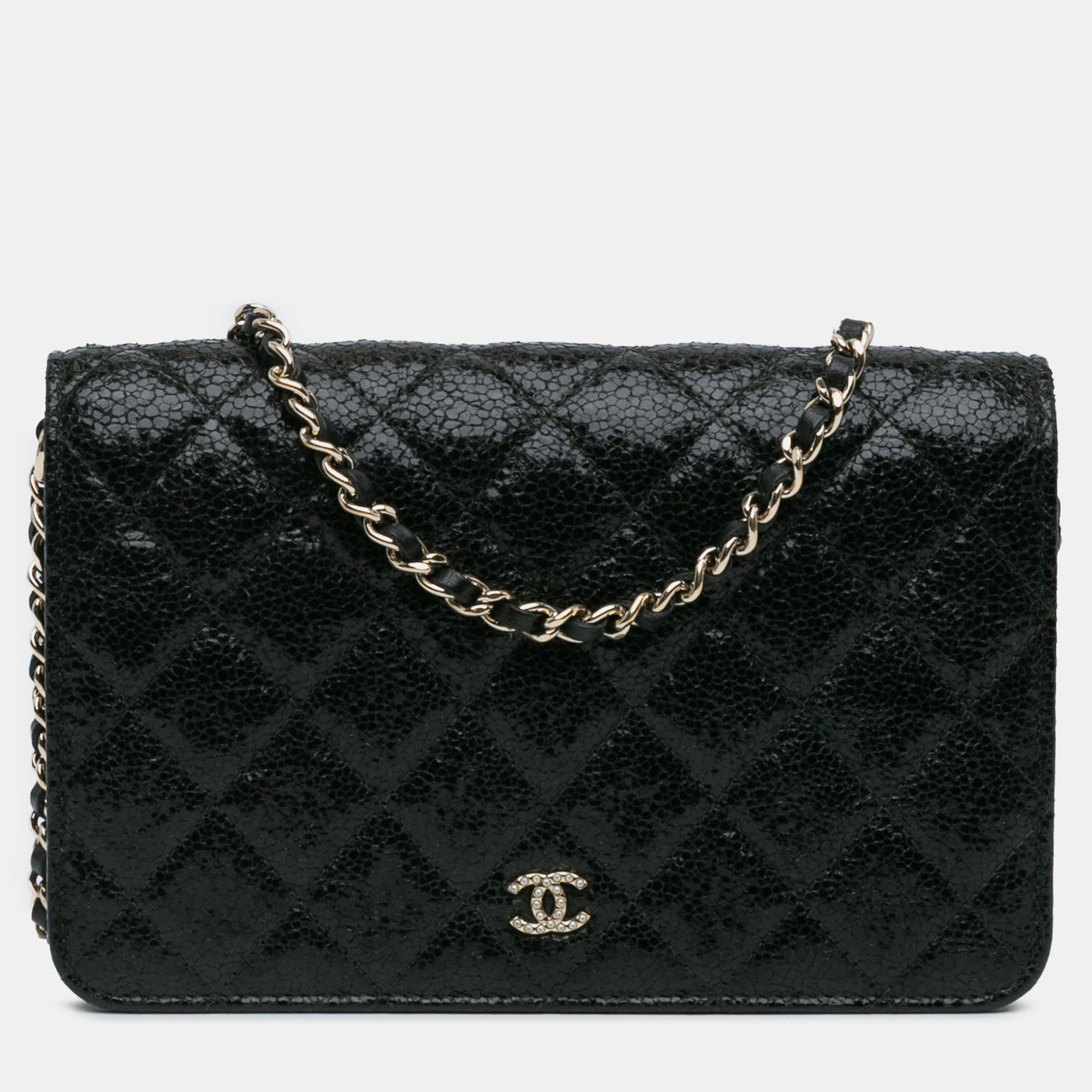 

Chanel Black Quilted Crackled Patent Calfskin Pearl Wallet On Chain