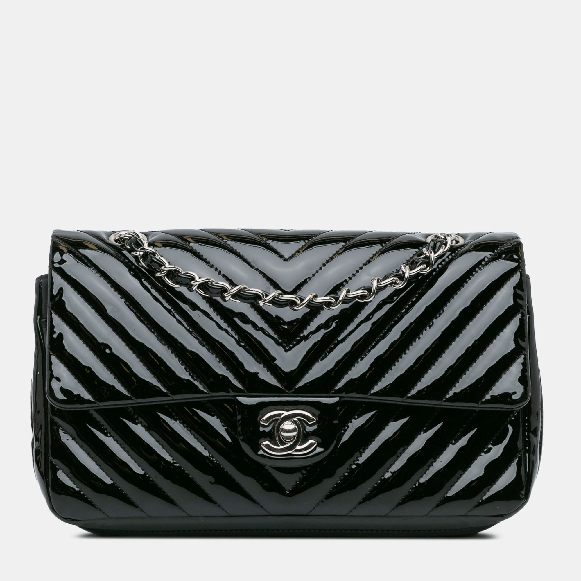 

Chanel Black Medium Classic Chevron Patent Double Flap