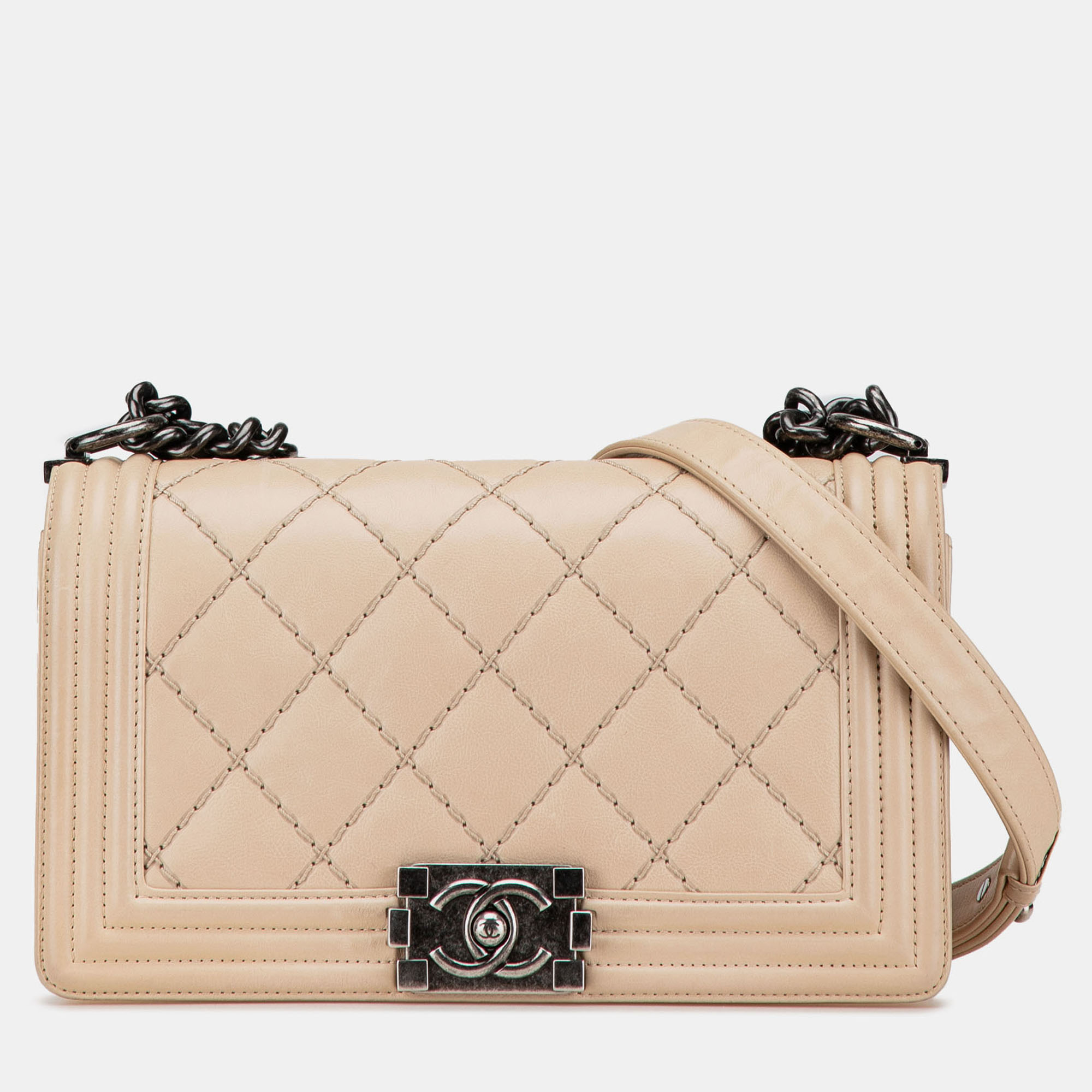 

Chanel Beige Old Medium Aged Calfskin Double Stitch Boy Flap