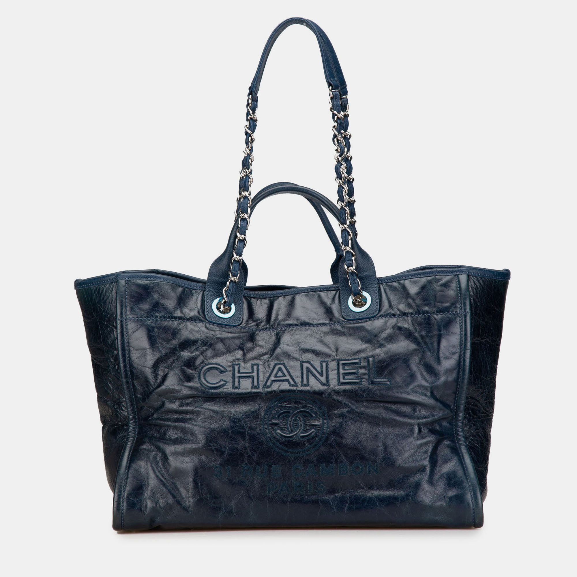 Pre-owned Chanel Navy Blue Medium Glazed Calfskin And Caviar Deauville Tote