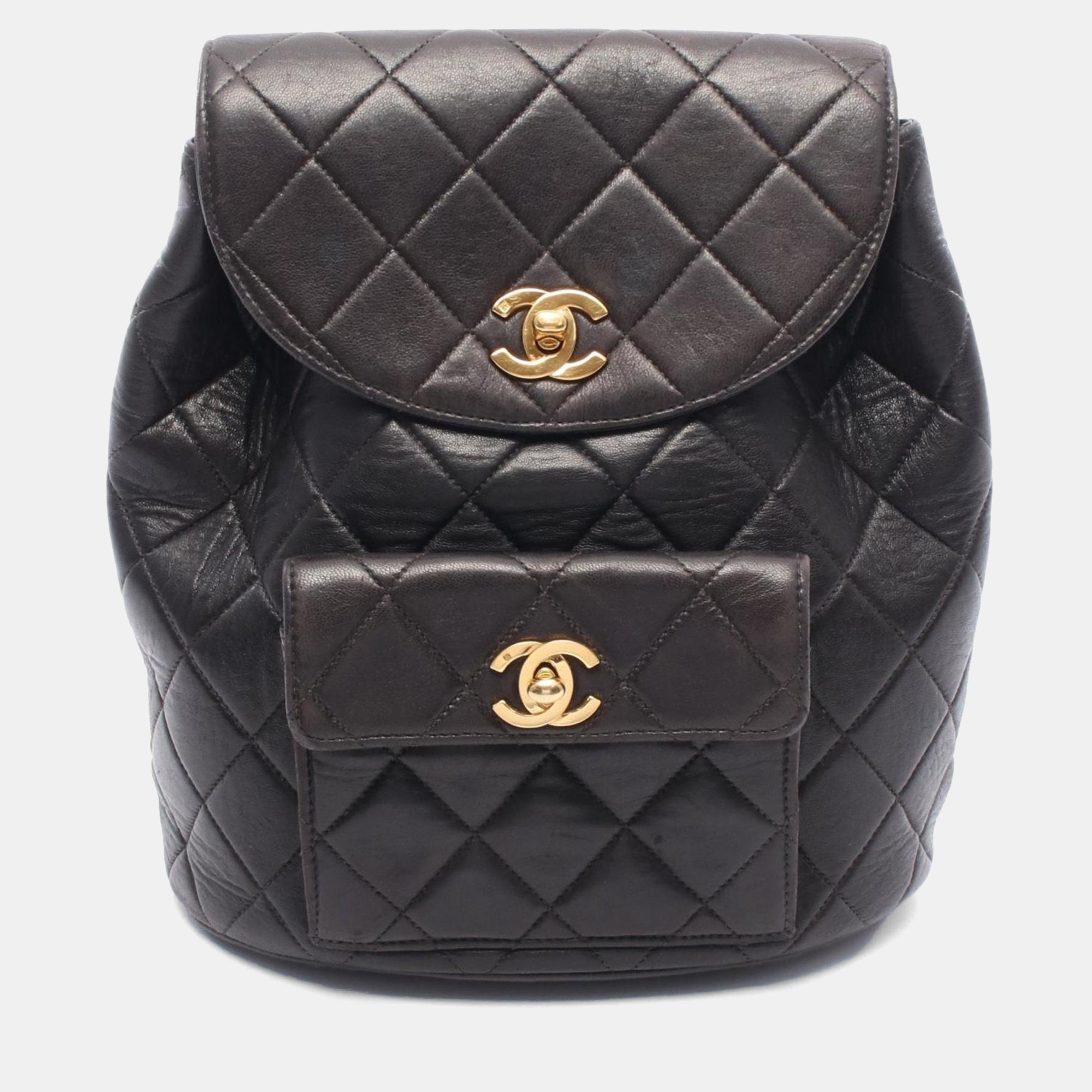 Pre-owned Chanel Matelasse Backpack Bag In Lambskin Leather Black