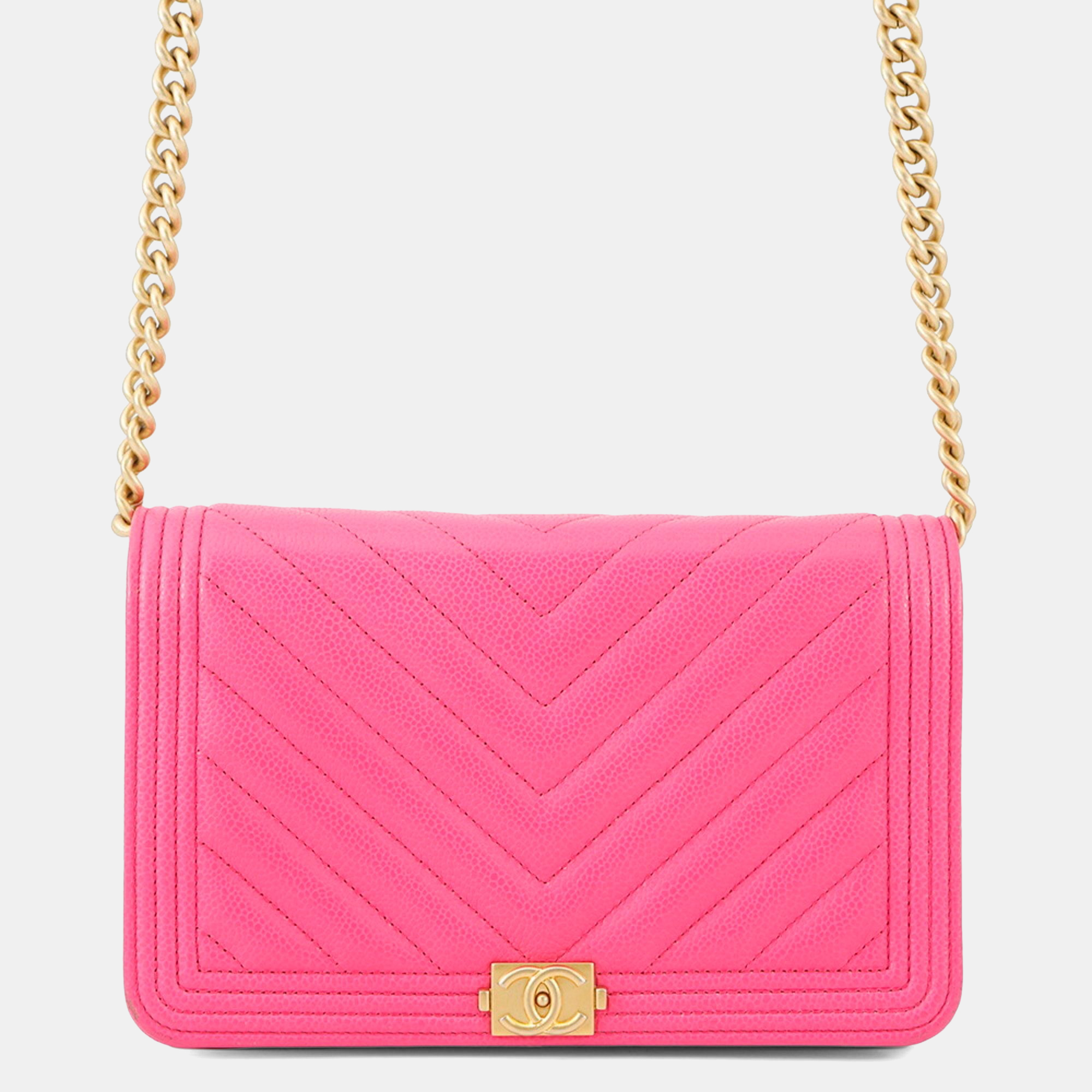 Pre-owned Chanel Chain Wallet Boy Chevron Coco Mark V Stitch In Pink