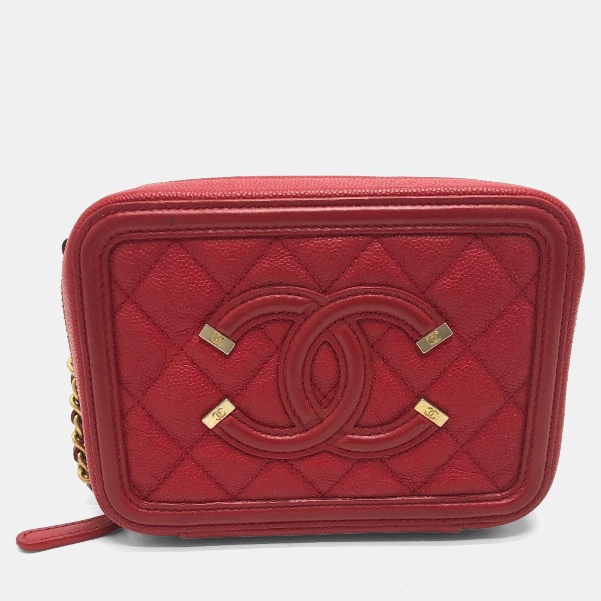 

Chanel Cc Filigree Matelasse Chain Mini Shoulder Bag In Caviar Leather Red