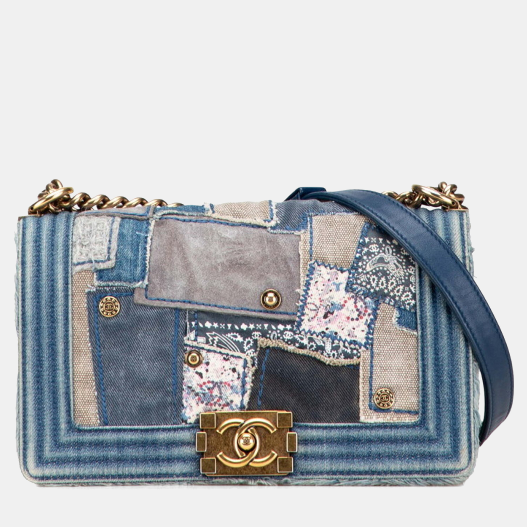 

Chanel Boy Coco Mark Patchwork Blue Multicolor Denim Leather Chain Shoulder Bag
