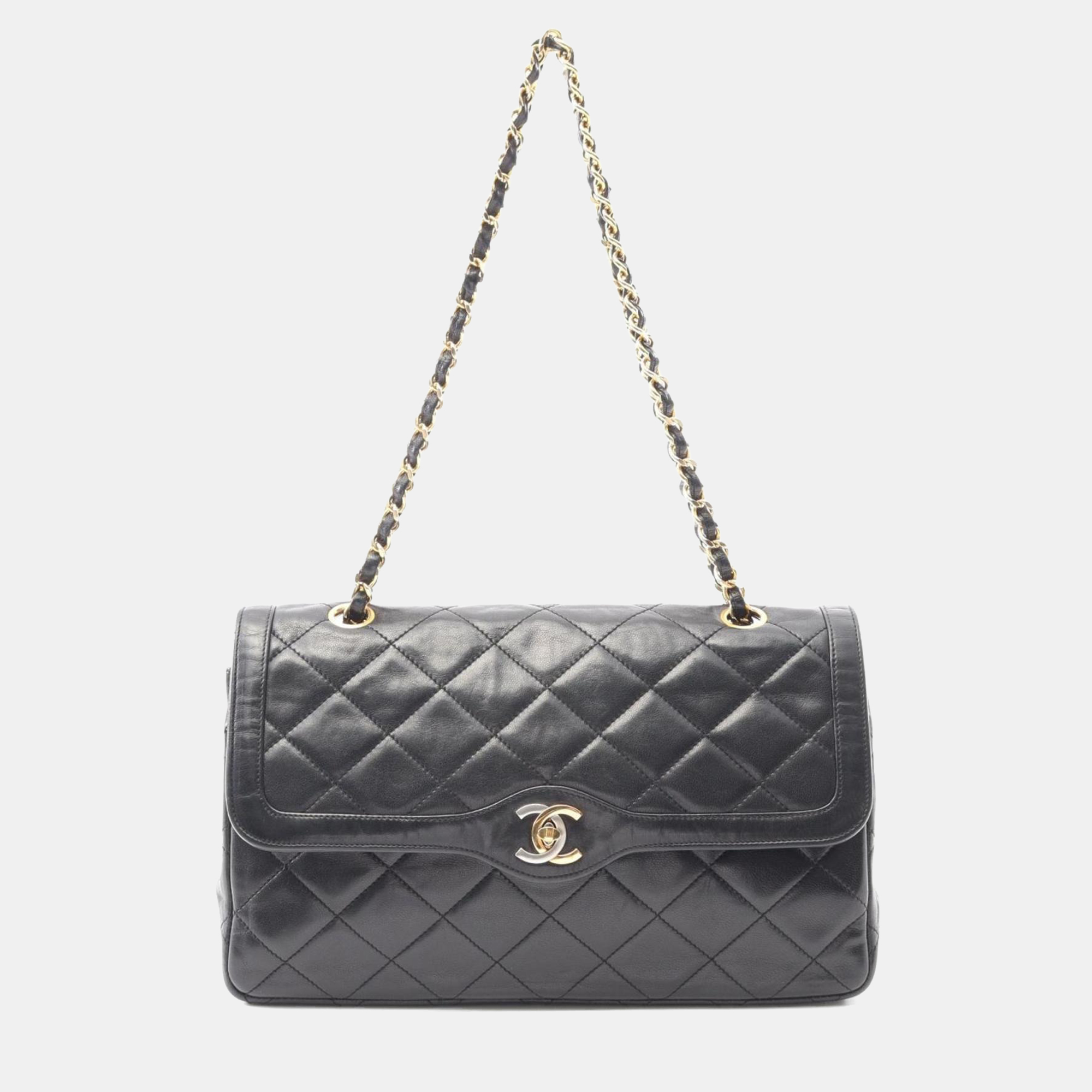 

Chanel Matelasse Paris Black Lambskin Leather Limited Edition Double Flap Shoulder Bag
